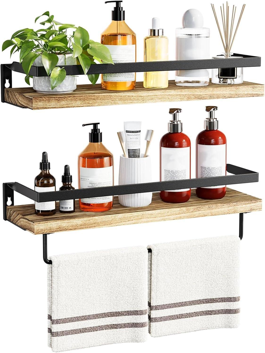 Amada Rustic Floating Shelves Wall Mounted, Solid Paulownia Wood Set of 2 for Kitchen, Bathroom, and Bedroom, Decorative Storage Shelf with Removable Towel Holder, Strong Black Metal Frame-A