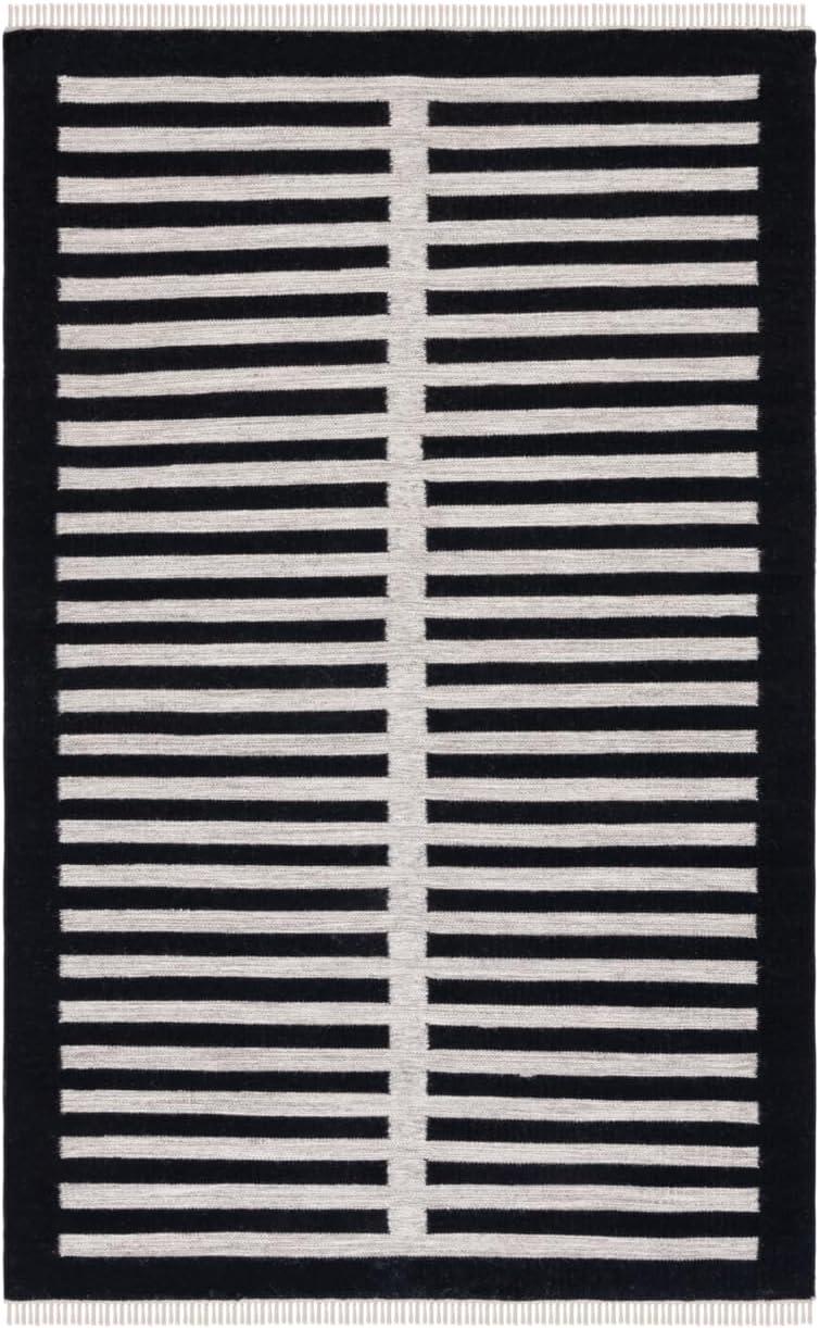 Beige and Black Wool Flat Woven Striped Rug, 3' x 5'