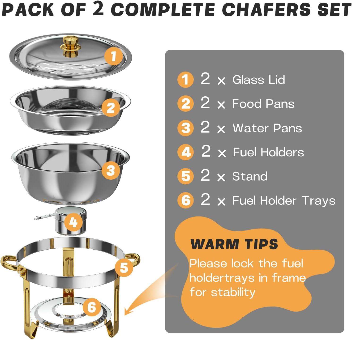 WhizMax Chafing Dish Buffet Set 2 Pack 5QT, Stainless Steel Round Chafing Dishes for Buffet with Lid Holder & Glass Lid, Gold
