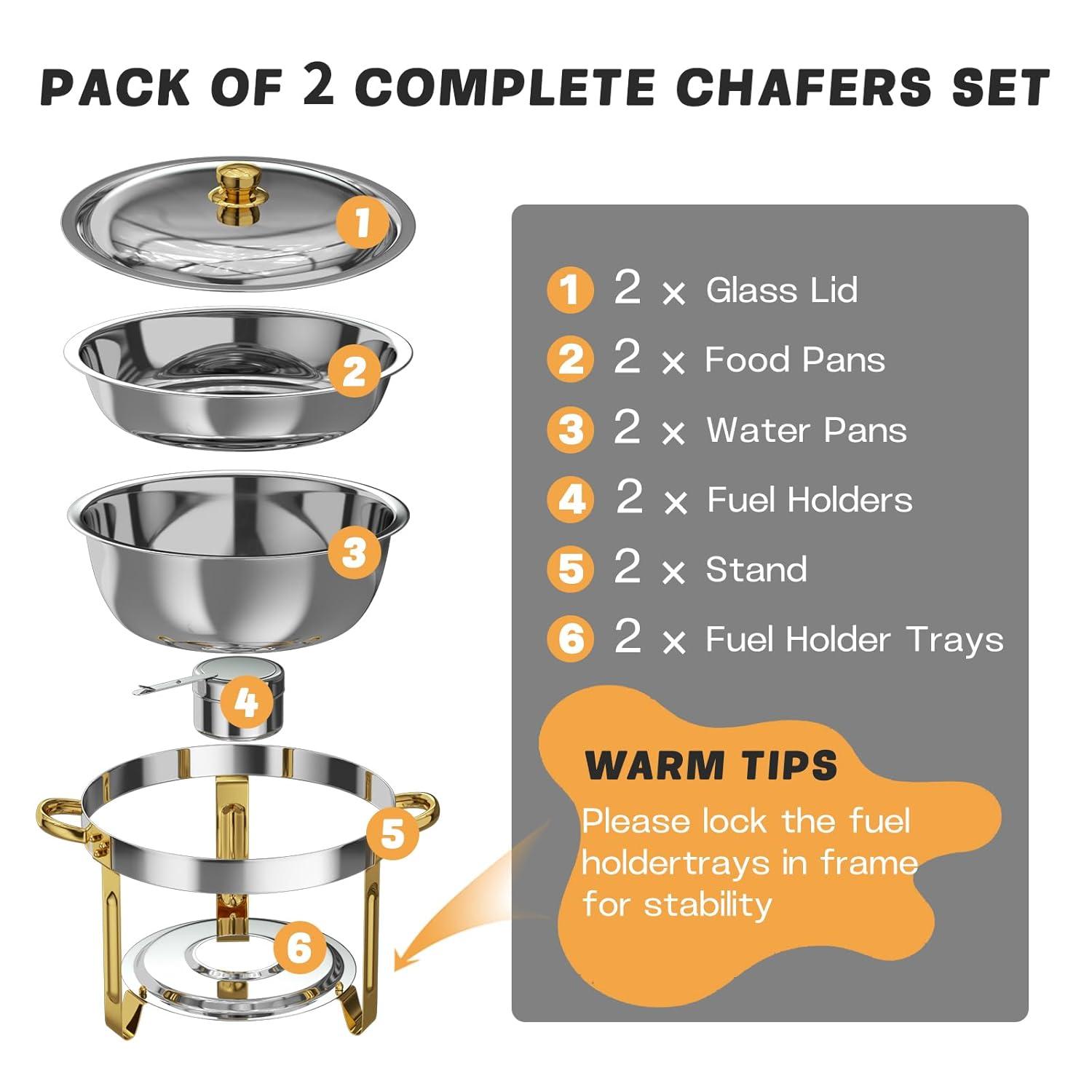 WhizMax Chafing Dish Buffet Set 2 Pack 5QT, Stainless Steel Round Chafing Dishes for Buffet with Lid Holder & Glass Lid, Gold
