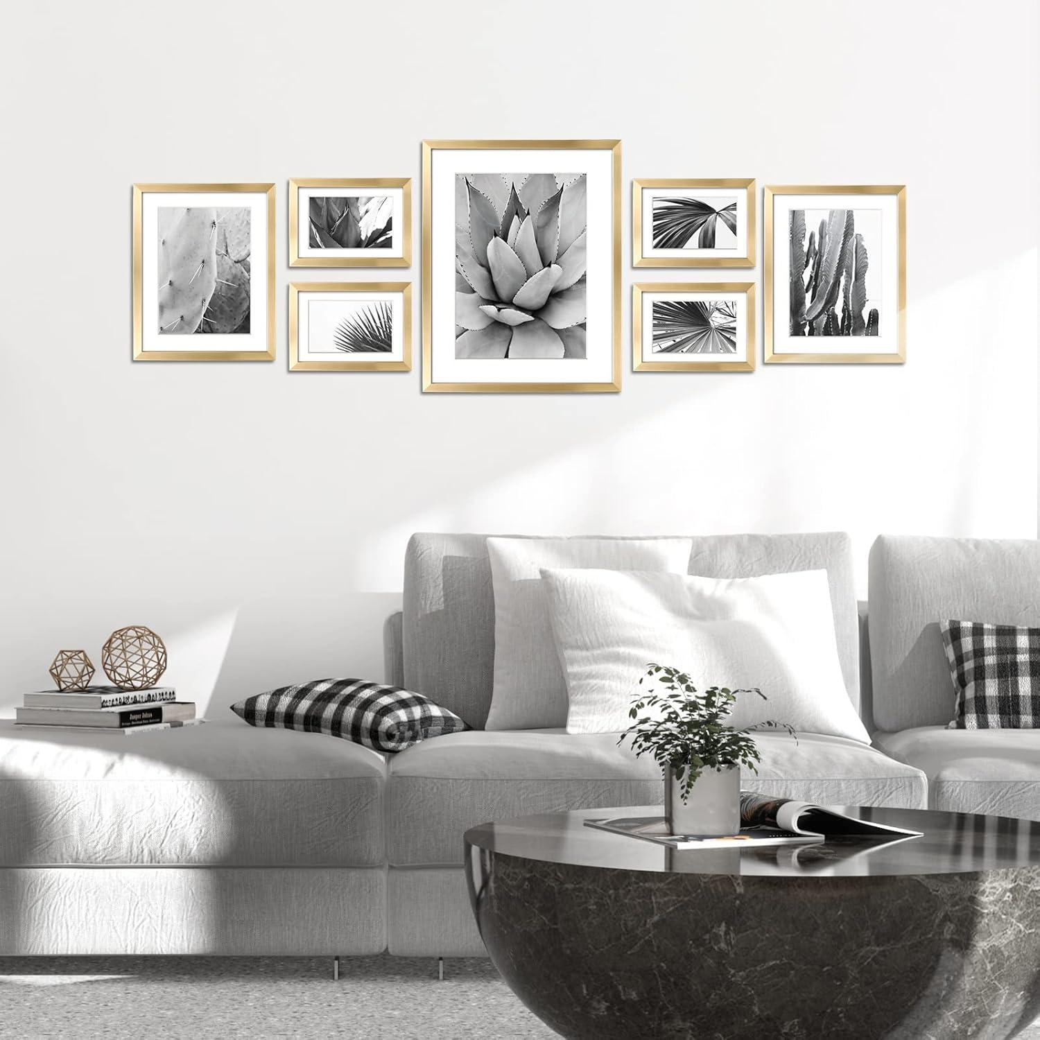 ArtbyHannah 7 Pack Gold Gallery Wall Picture Frames Sets with Decorative Botanical Art Prints for Photo Frame Collages for Home Decoration, Multiple Sizes 11x14x1, 8x10x2, 5x7x4
