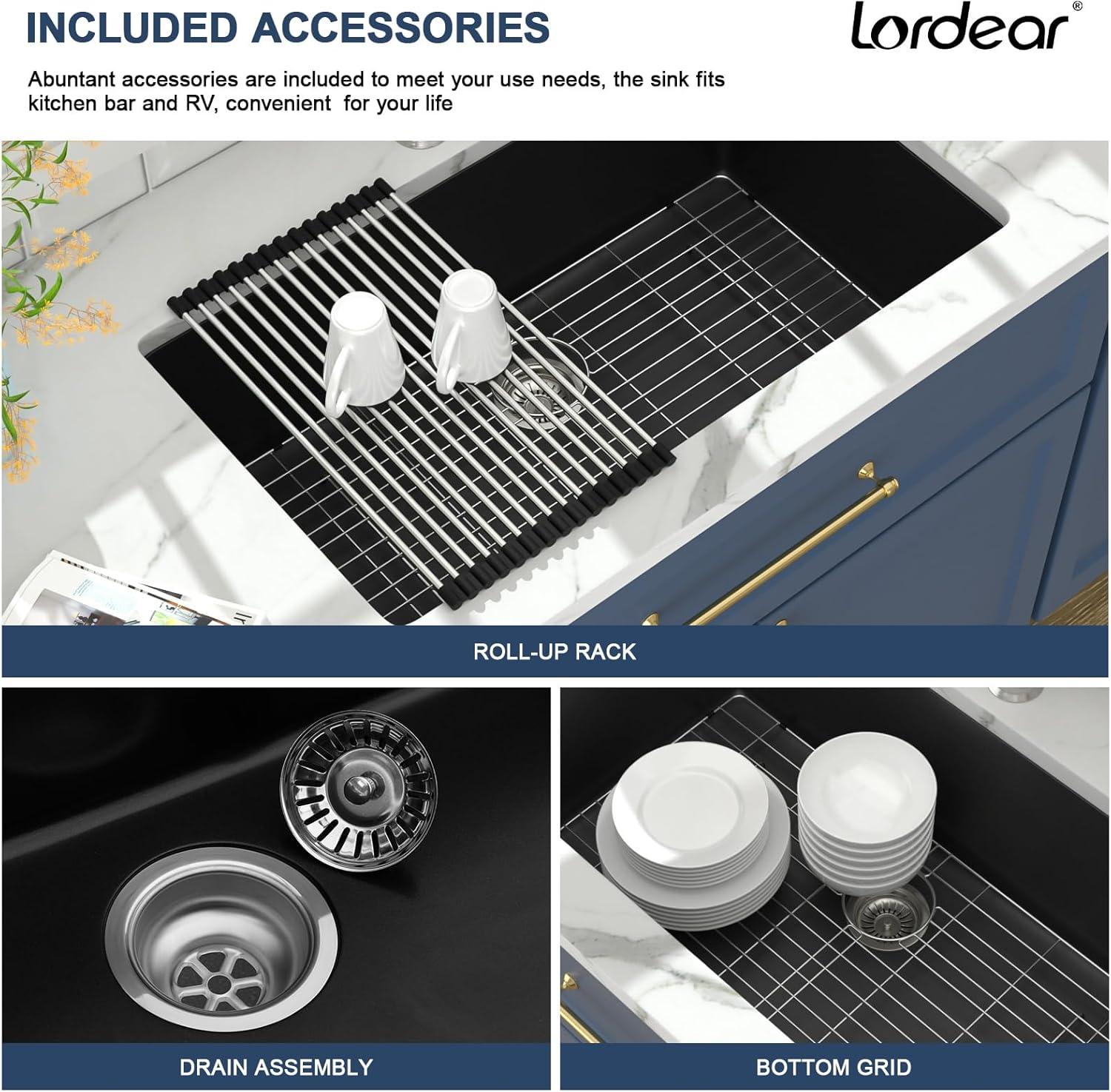 Davivy 33 Inch Black Granite Composite Kitchen Sink Workstation, 33 X 22 Quartz Composite Dual Mount Sink, Matte Black Composite Single Bowl Sink