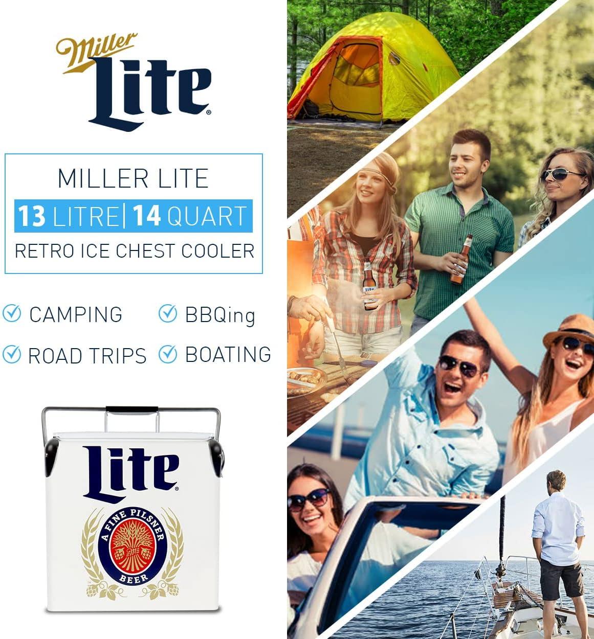 Miller Lite Retro Ice Chest Cooler with Bottle Opener 13L (14 qt), White and Blue