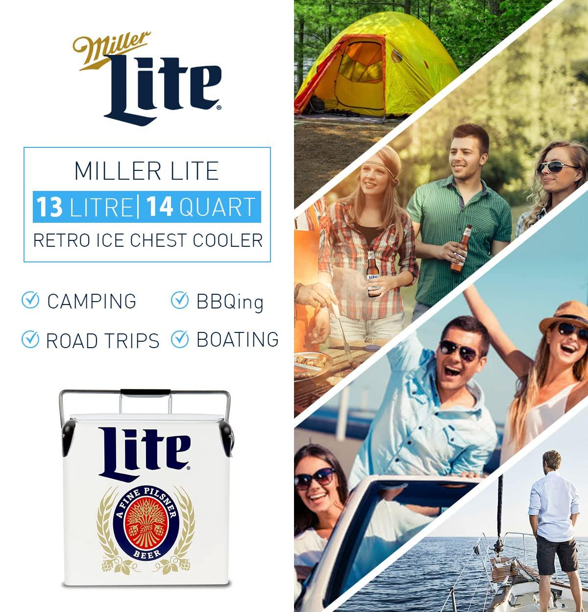Miller Lite Retro Ice Chest Cooler with Bottle Opener 13L (14 qt), White and Blue