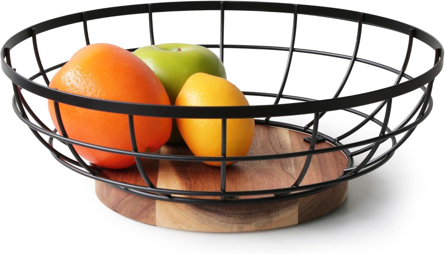 Fruit Basket,black Wire Basket with Acacia Wood Base,large Fruit Bowl for Countertop,black Baskets for Fruits, Breads, Vegetables Storage. (10-inch)