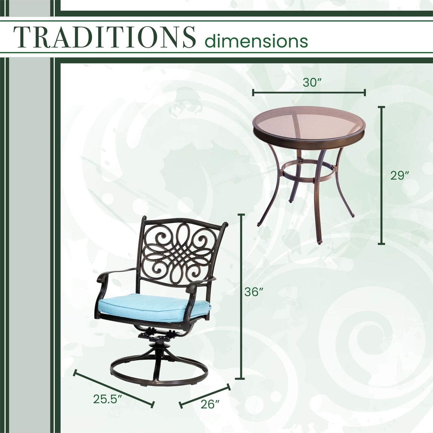 Hanover Traditions 3-Piece Swivel Bistro Set in Blue with 30 in. Glass-top Table