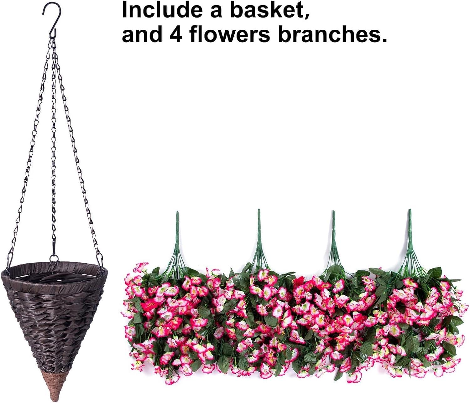 Artificial Hanging Flowers in Basket Fake Plant for Outside, Silk Pink Morning Glory Flower Arrangement for Outdoor Decor, UV Resistant Realistic Floral Planter for Porch Patio Balcony