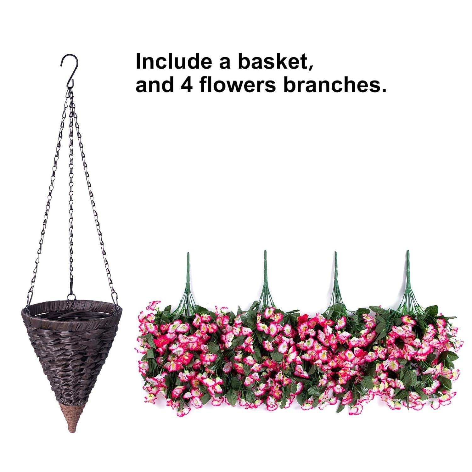 Artificial Hanging Flowers in Basket Fake Plant for Outside, Silk Pink Morning Glory Flower Arrangement for Outdoor Decor, UV Resistant Realistic Floral Planter for Porch Patio Balcony