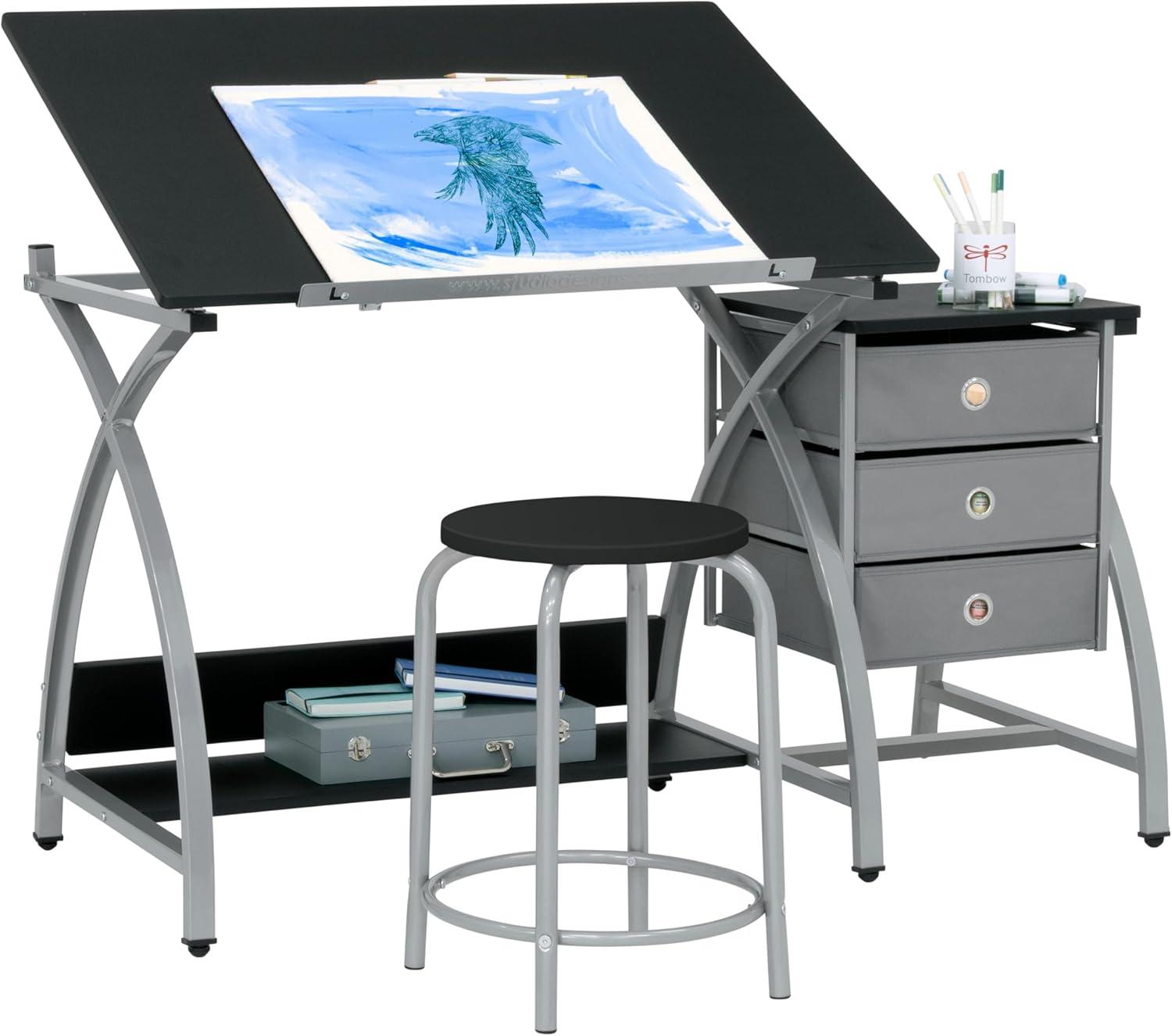 Comet Plus Drawing Table and Stool Set Silver/Gray - studio designs: Adjustable Top, Storage Drawers, Padded Seat