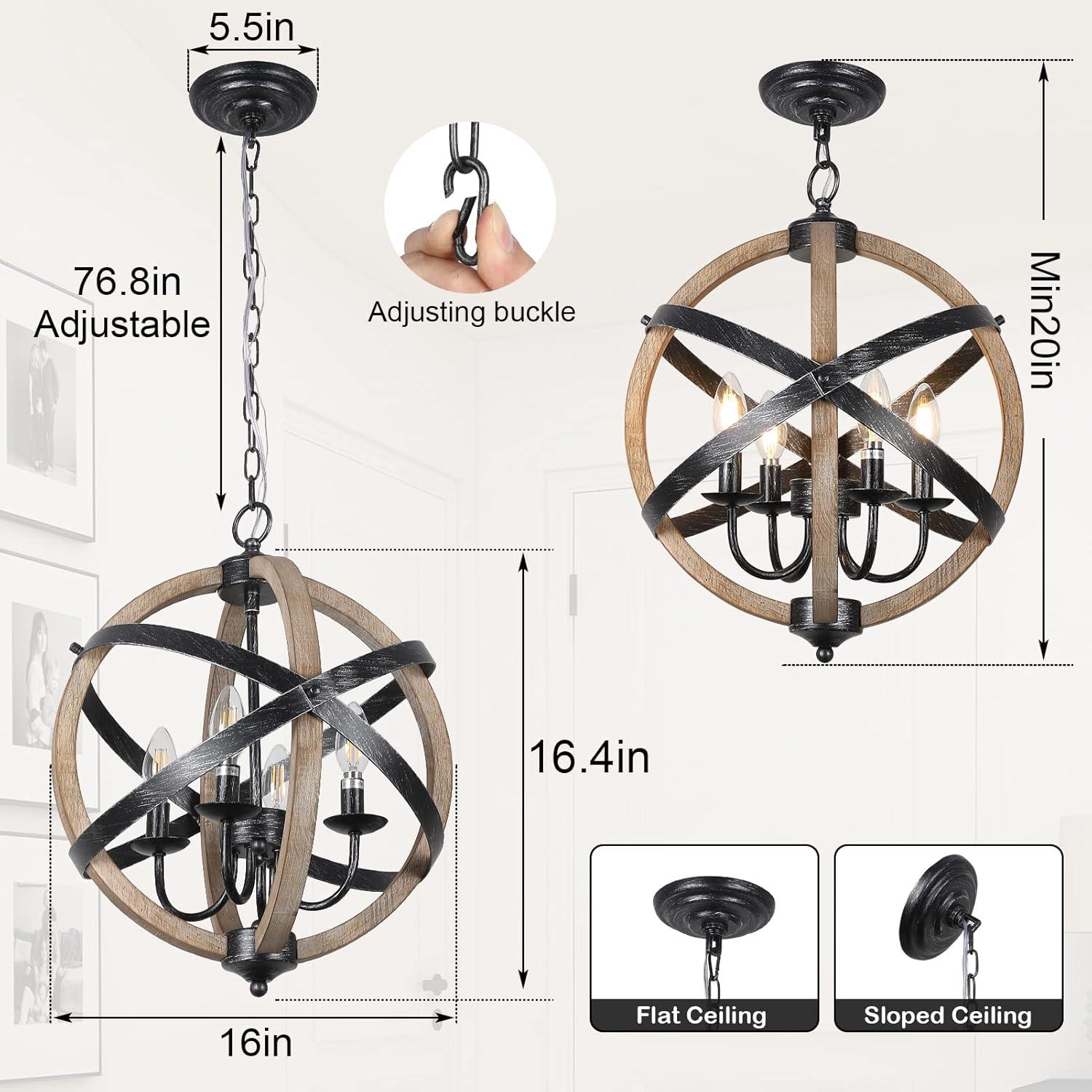 Retro Farmhouse Sphere Chandelier with Adjustable Chain, White and Black