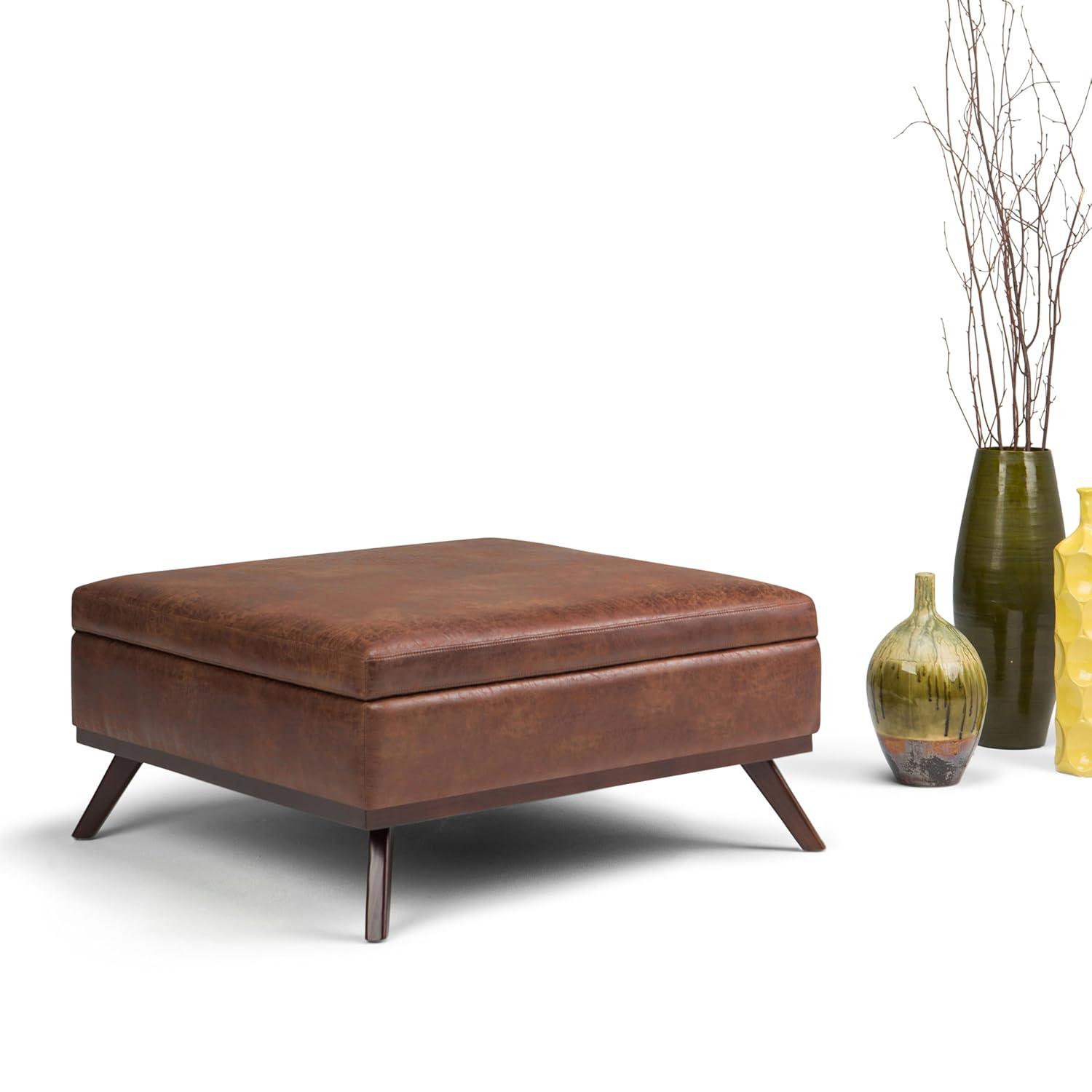 Simpli Home Owen 36"W Upholstered Square Coffee Table Storage Ottoman with Lift Top and Solid Wood Legs