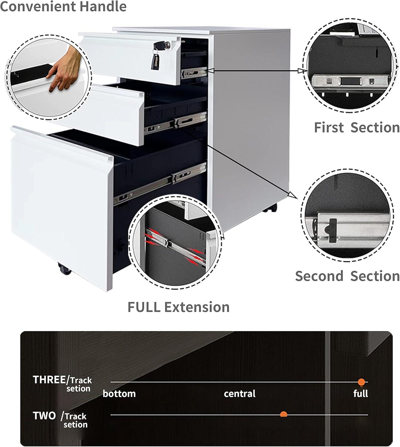 3 Drawer Mobile File Cabinet, Metal Filing Cabinets with Lock Wheels Under Desk, Lockable Rolling File Cabinet for Home Office, Fit Letter/Legal/A4 Size (White)