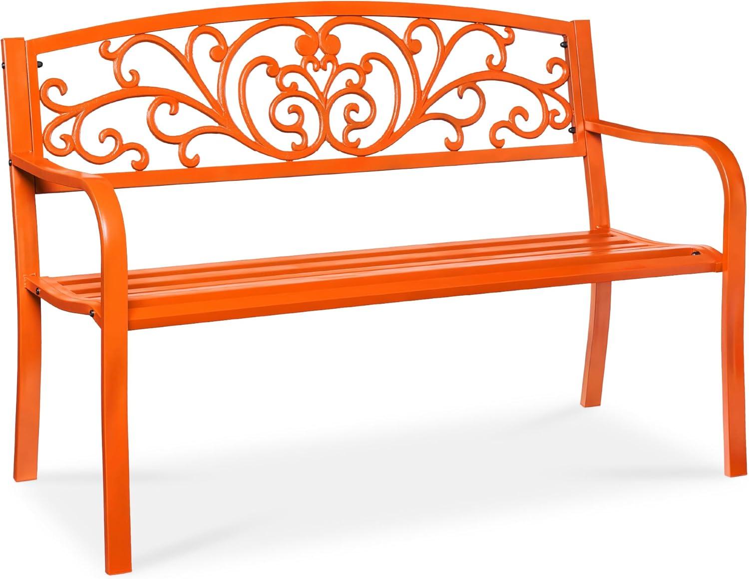 World Menagerie Outdoor Steel Bench with Floral Backrest & Slatted Seat, Marigold for Garden, Patio, Porch, Lawn, and Deck