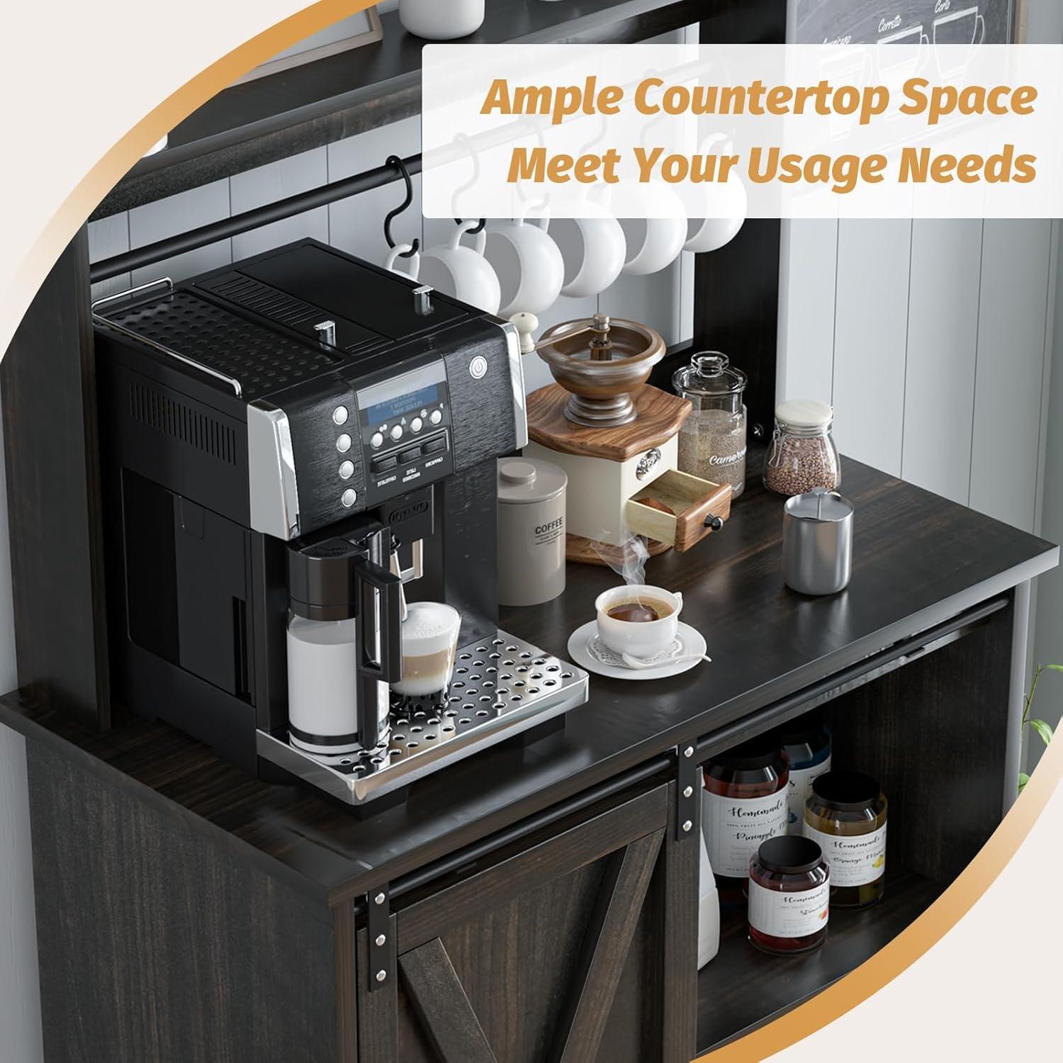 Dark Oak Farmhouse Coffee Bar Cabinet with Hutch and Sliding Barn Door