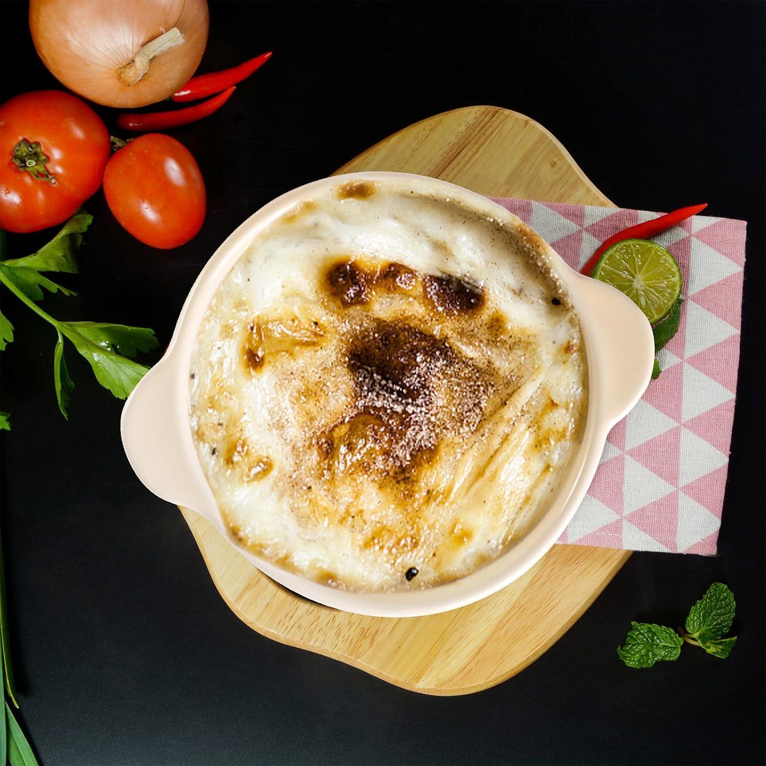 AVLA 4 Pack Porcelain Ramekins, 9 OZ Mini Casserole Bowl with Lid and Handle, Ceramic Souffle Soup Creme Brulee Bowls, Oven Safe, Mini Casserole Dish (Polka Dot, Assorted Color)