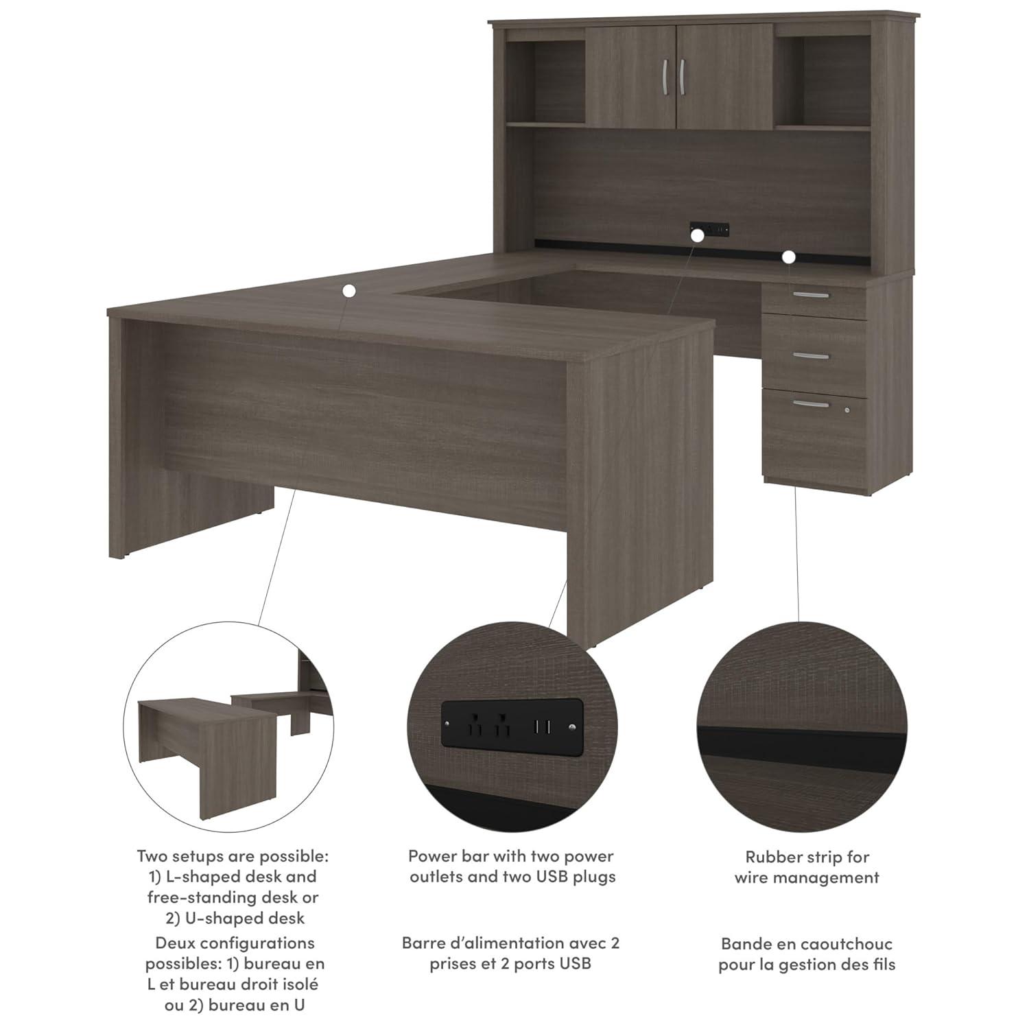 Bestar Logan 66W U or L-Shaped Executive Office Desk with Pedestal and Hutch in bark grey