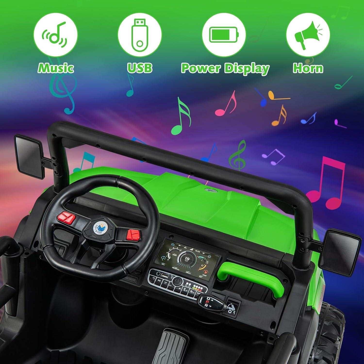 24V Ride on Toys with Remote Control, 2 Seater Electric Powered Ride on Dump Truck , 4WD 6-Wheel UTV Car w/ Tipping Bucket Trailer, Shovel, Suspension, Bluetooth Music, Big Kids, Green