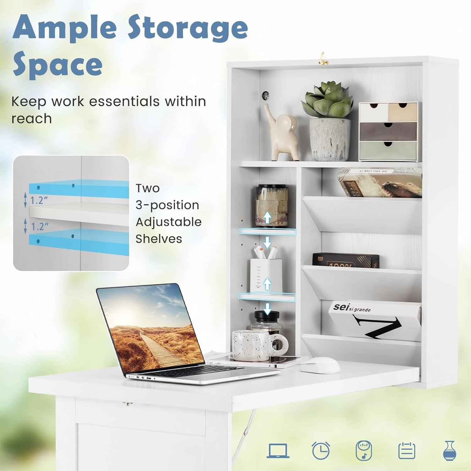 Resenkos Wall Mounted Fold-Out Convertible Floating Desk Space Saver-White