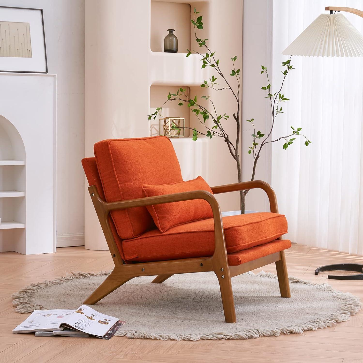 JULY'S SONG Mid-Century Wood Upholstered Fabric Solid Print Armchair, Beige (Set of 2)