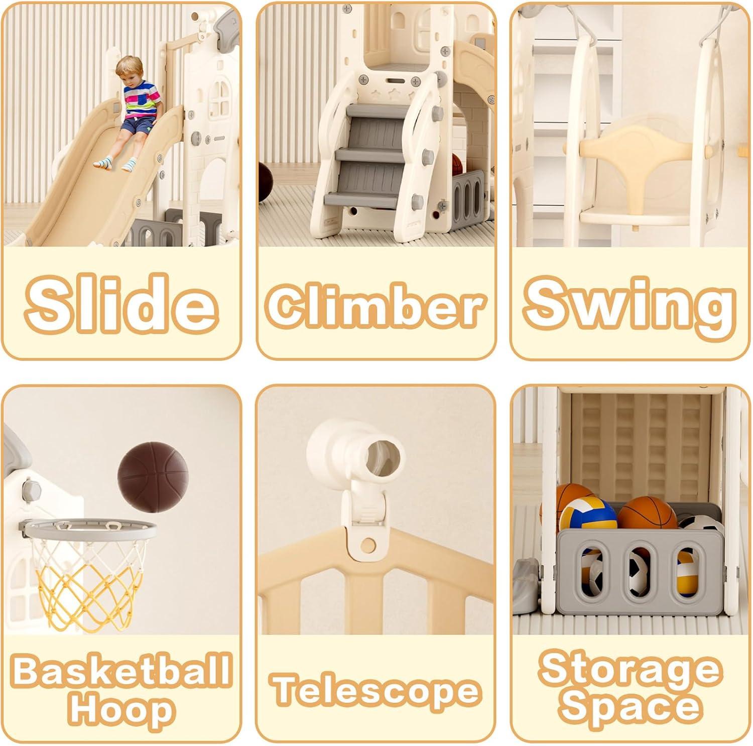 XJD 6 in 1 Toddler Slide and Swing Set, Kid Slide for Toddlers Age 1-3, Baby Slide with Basketball Hoop, Indoor Outdoor Slide Toddler Playset Toddler Playground, Beige