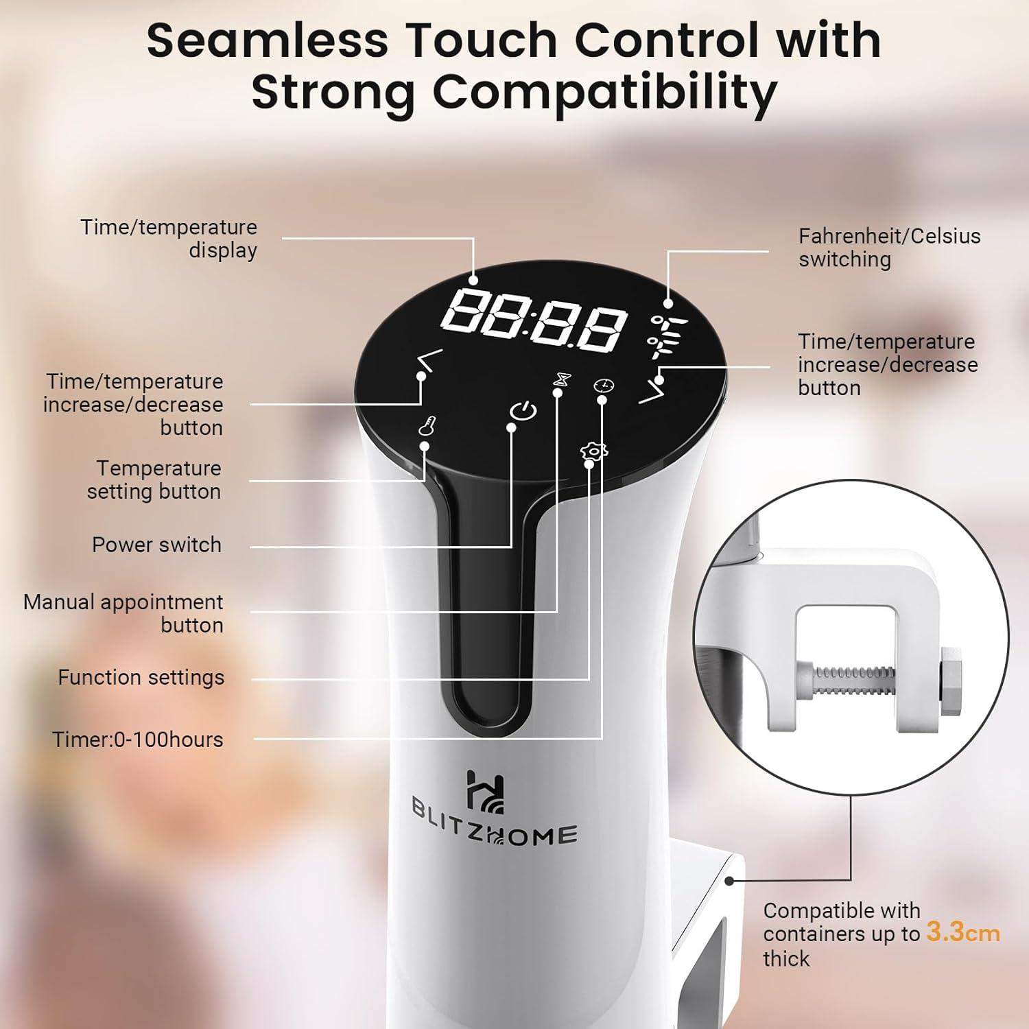 BlitzHome 1100W Sous Vide Cooker with Temperature Setting, Timer, Breath Light Reminder Function