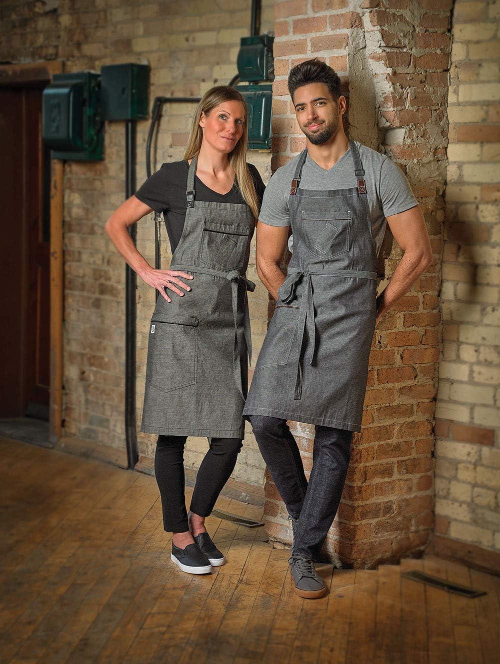 Mercer Culinary Metro Edge Renegade Bib Server Apron, Black Denim with Brown Leather Straps