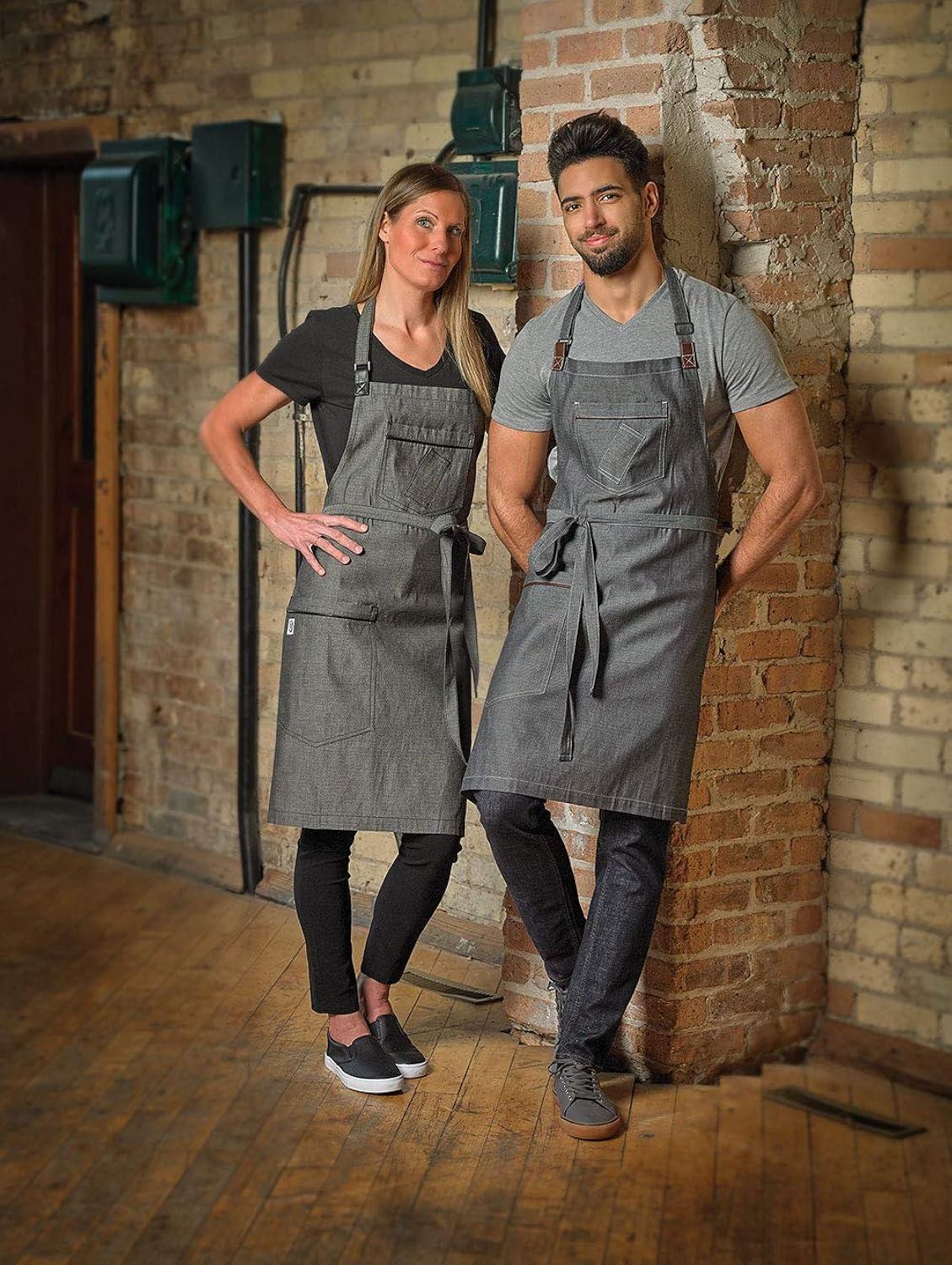 Black Denim Bib Apron with Brown Leather Straps