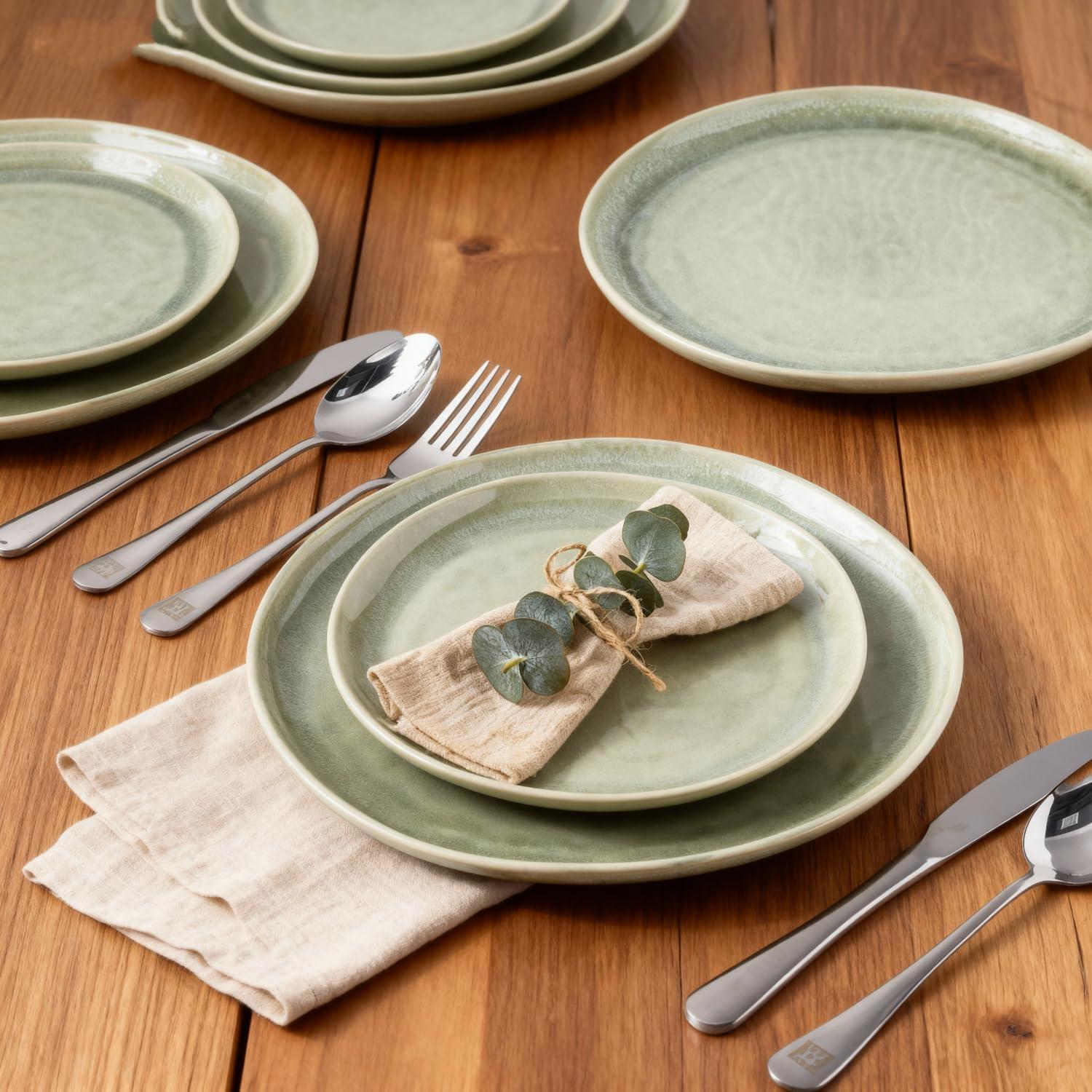 Olive Green and White Ceramic Dinnerware Set for 4
