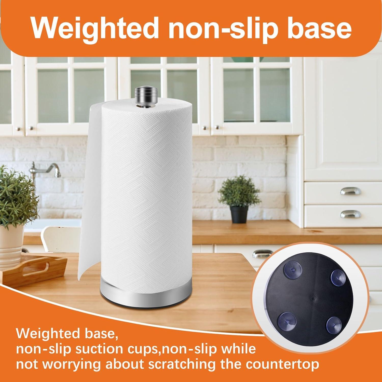 Stainless Steel Black Paper Towel Holder Designed for Easy One-Handed Operation - This Sturdy Weighted Paper Towel Dispenser Countertop Model Has Suction Cups and Holds Paper Towel Rolls of All Sizes