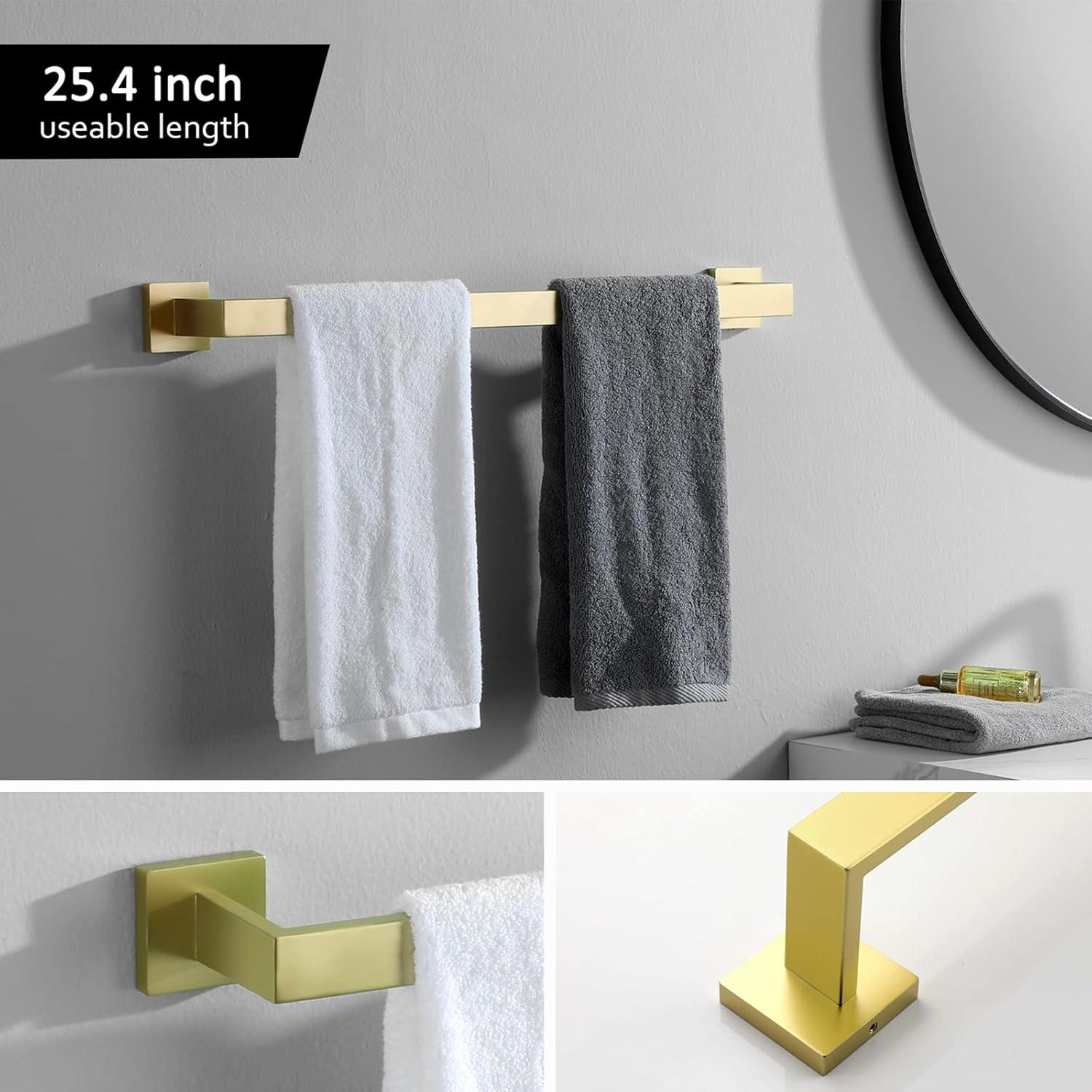 Bathroom Hardware Accessories Set 5-Pieces Stainless Steel Brushed Gold Square 24" Towel Bar Holder 2 Robe Hooks Towel Ring Sets Wall Mounted,A8808-5BG