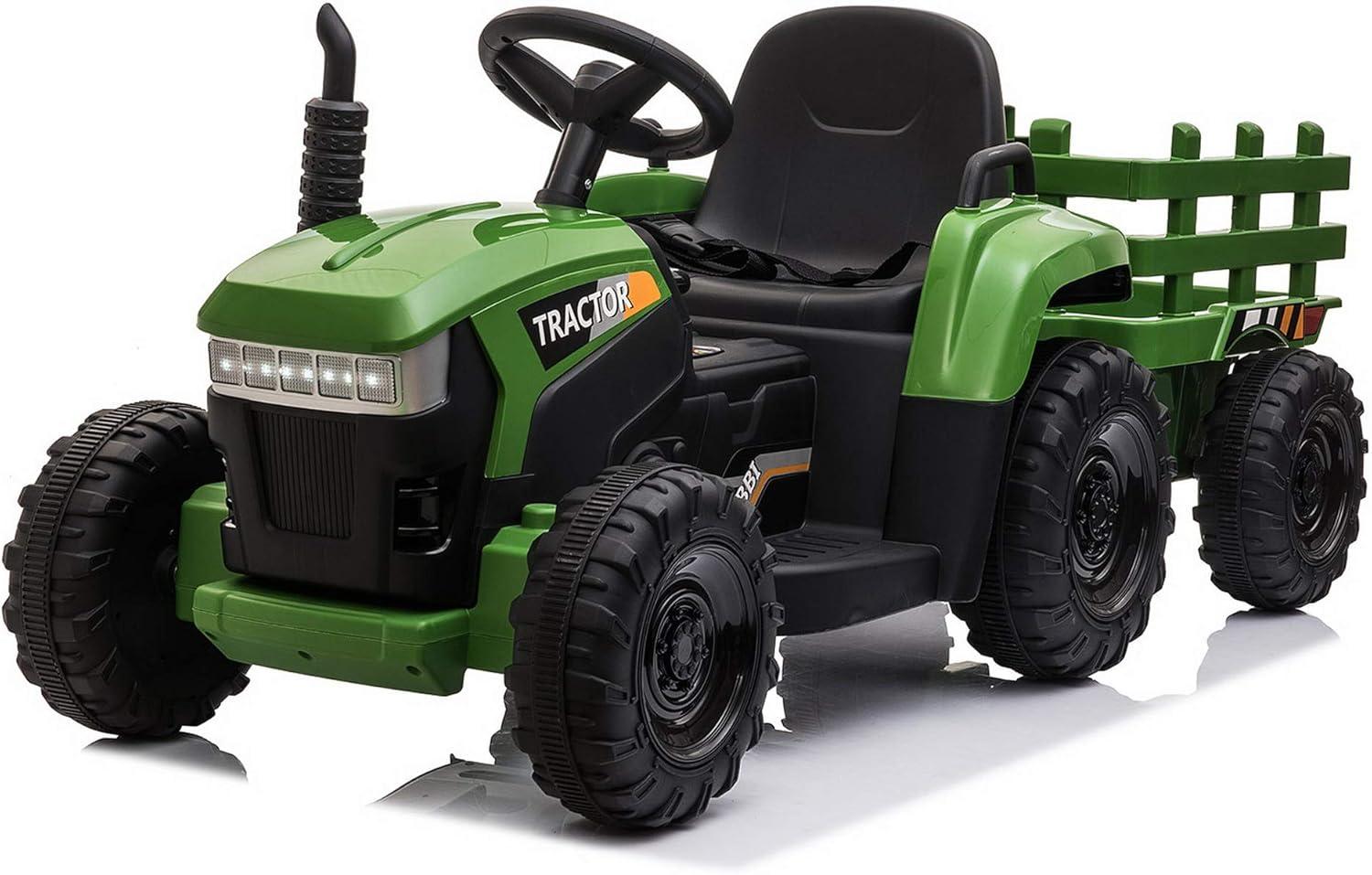 12V Green Ride-On Tractor with Trailer and LED Lights