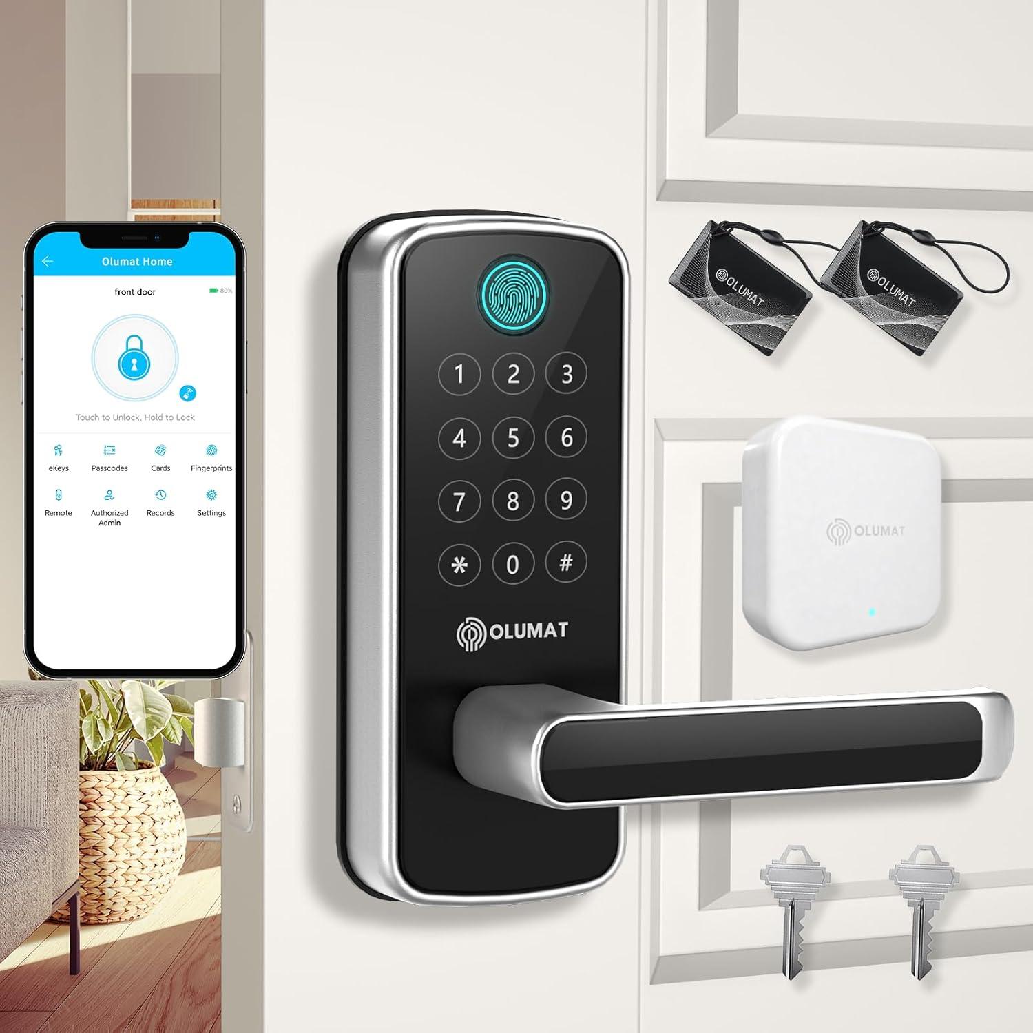 Smart Lock with Handle: Wi-Fi Keyless Entry Door Lock - Smart Locks for Front Door - Biometric Fingerprint Door Lock - Smart Door Lock with Keypad - Garage Door with App Control - Auto Lock