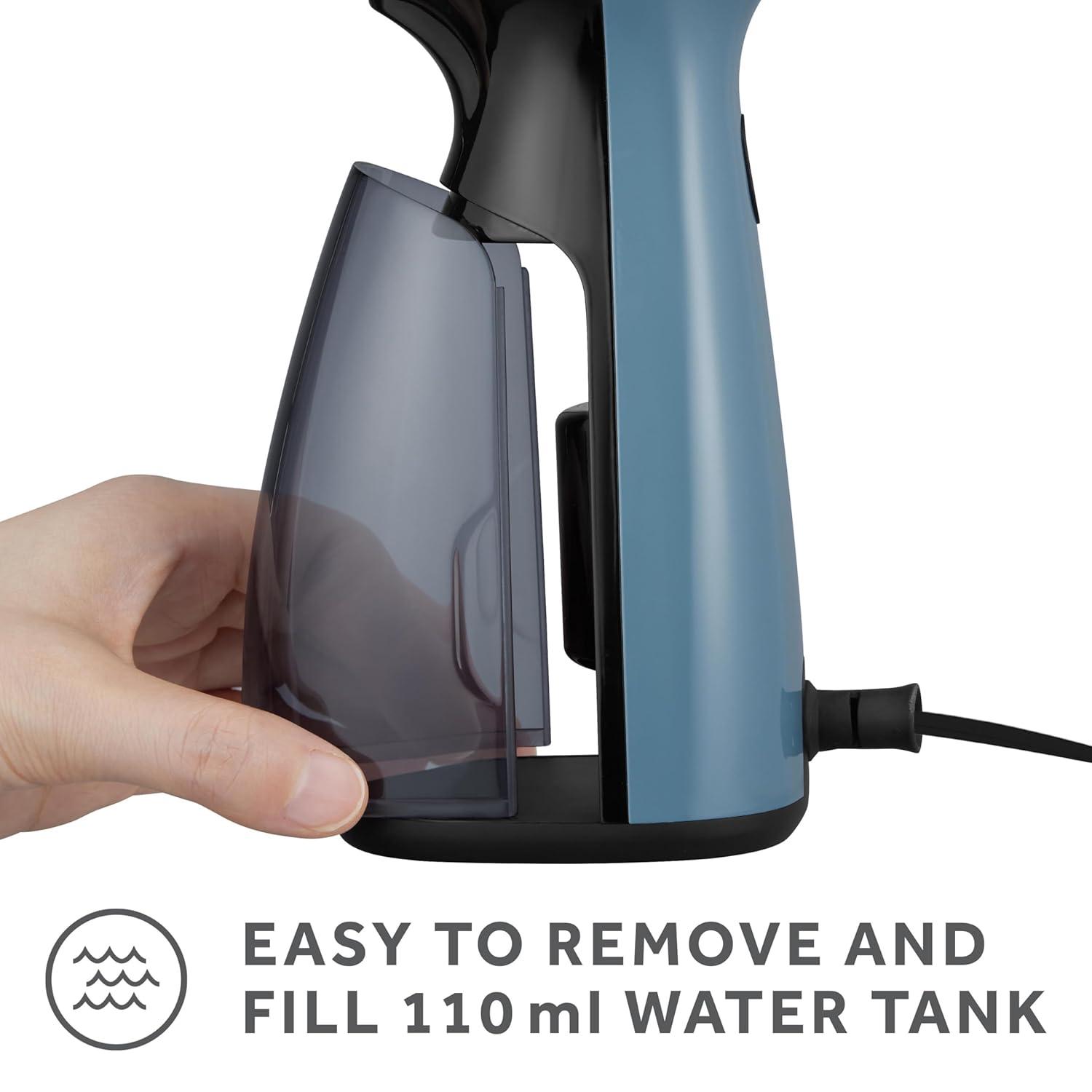 Sunbeam 1000W Compact Handheld Steamer for Clothes, Portable, Travel Steamer, Non-Stick Head, 30s Heat Up, 8 Minutes Continuous Steam, 110ml Water Tank, Bristle Brush, Storage Bag, Blue/Black