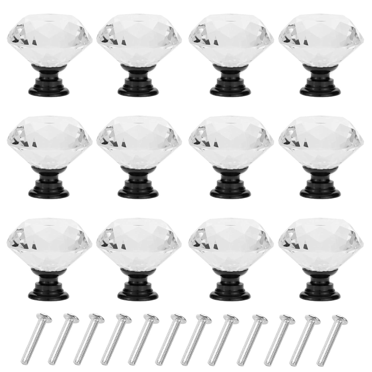 YourGift 12 Pack Drawer Knobs Diamond Shaped Crystal Glass 30mm Cabinet Knobs Pull Handles (Black)