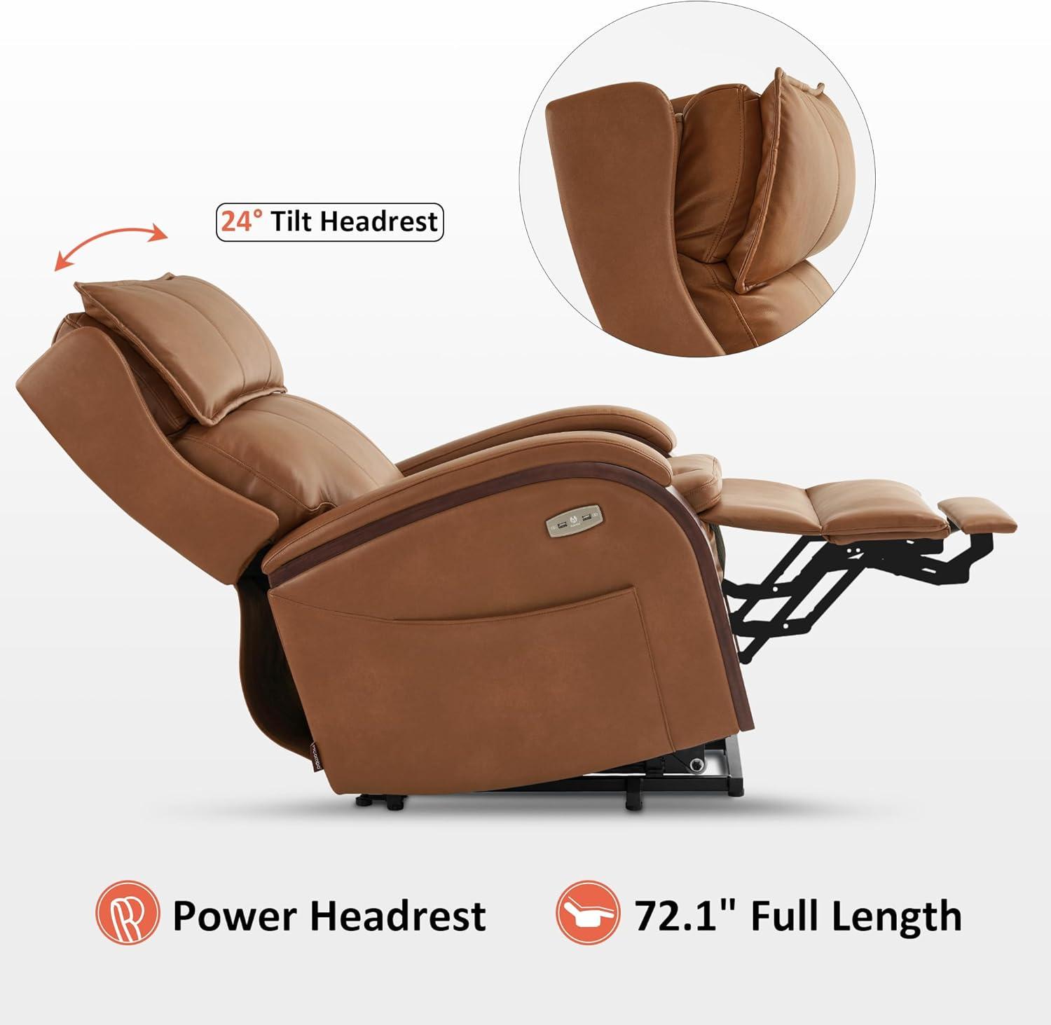 MCombo Power Lift Recliner Chair Sofa with Massage and Heat, Adjustable Headrest for Elderly People, Solid Wood Armrest, USB Ports, Side Pockets, Breathable Leather 7917 (Tawny, Medium)