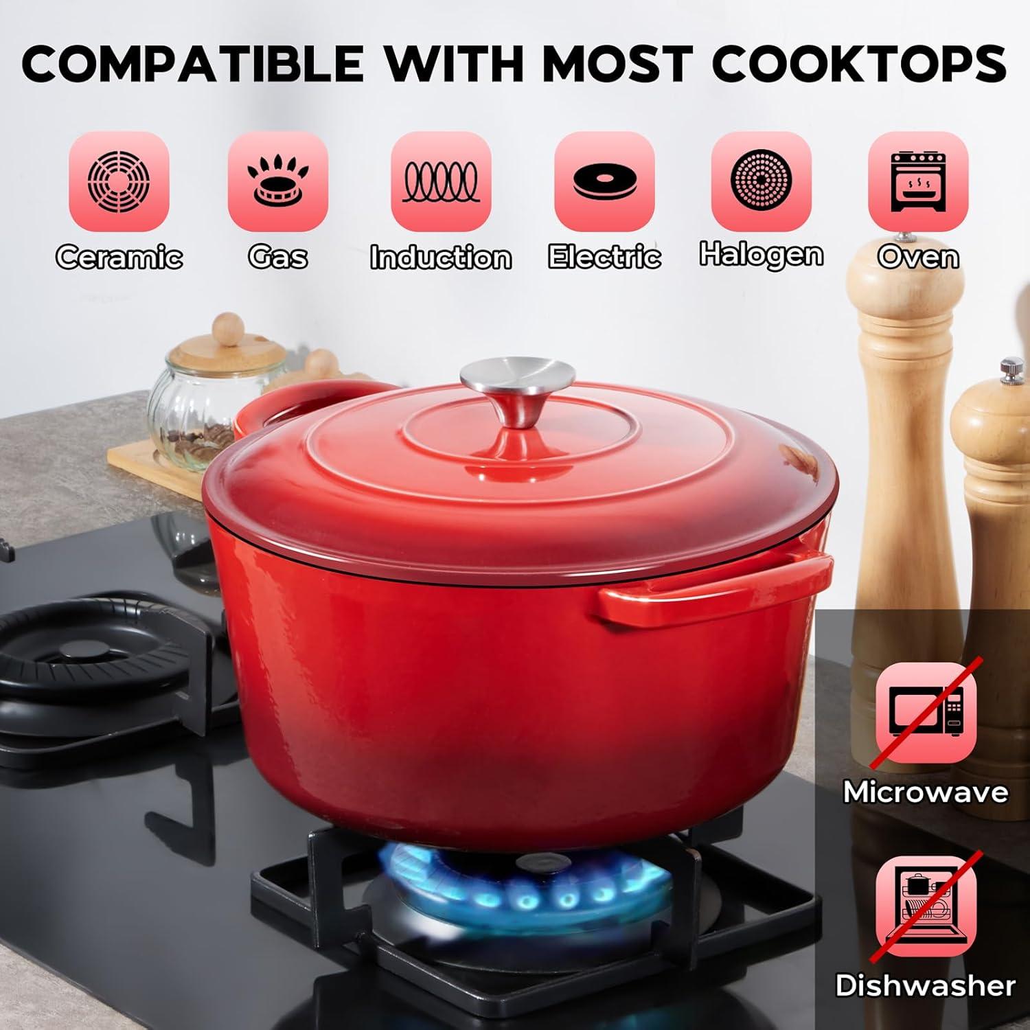 Onader 5QT Enameled Cast Iron Dutch Oven, Round Dutch Oven Pot with Lid for Sourdough Bread Baking - Red