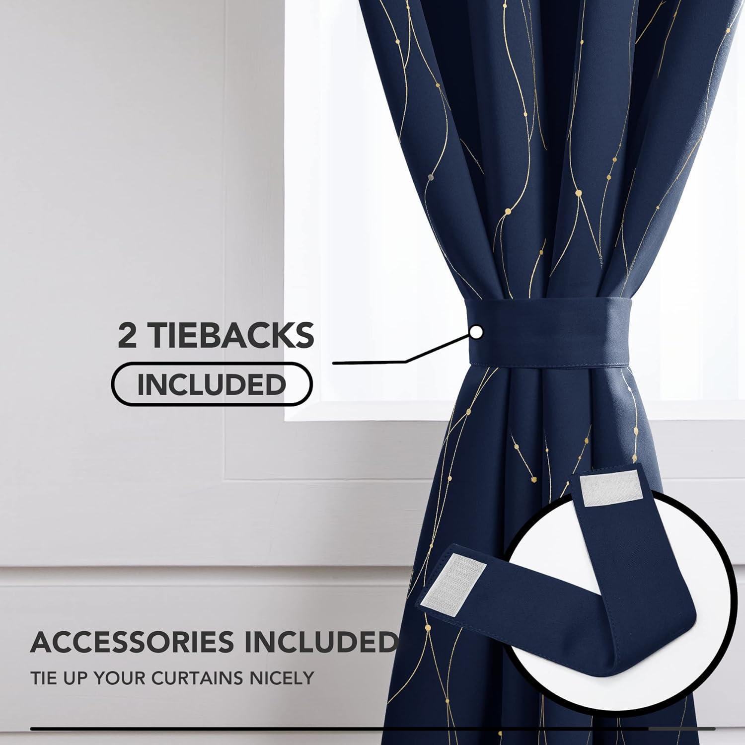 Deconovo Room Darkening Blackout Curtains, Navy Blue, 42W x 45L Inch, Gold Foil Printed Wave Line and Dots Pattern Grommet Window Drapes