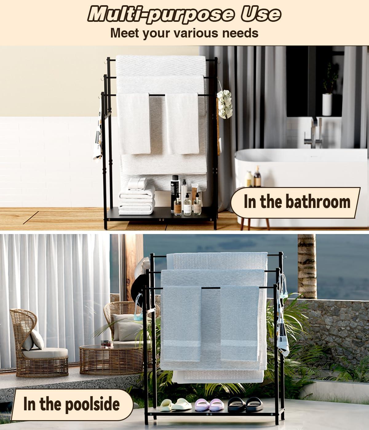 44" High Freestanding Towel Rack with 6 Bathroom Hooks