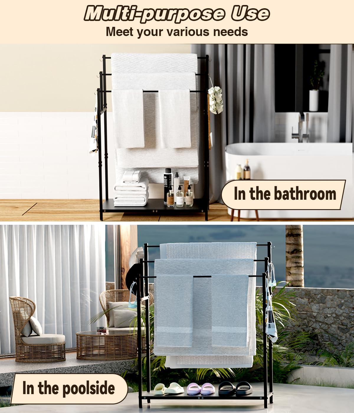 44" High Freestanding Towel Rack with 6 Bathroom Hooks