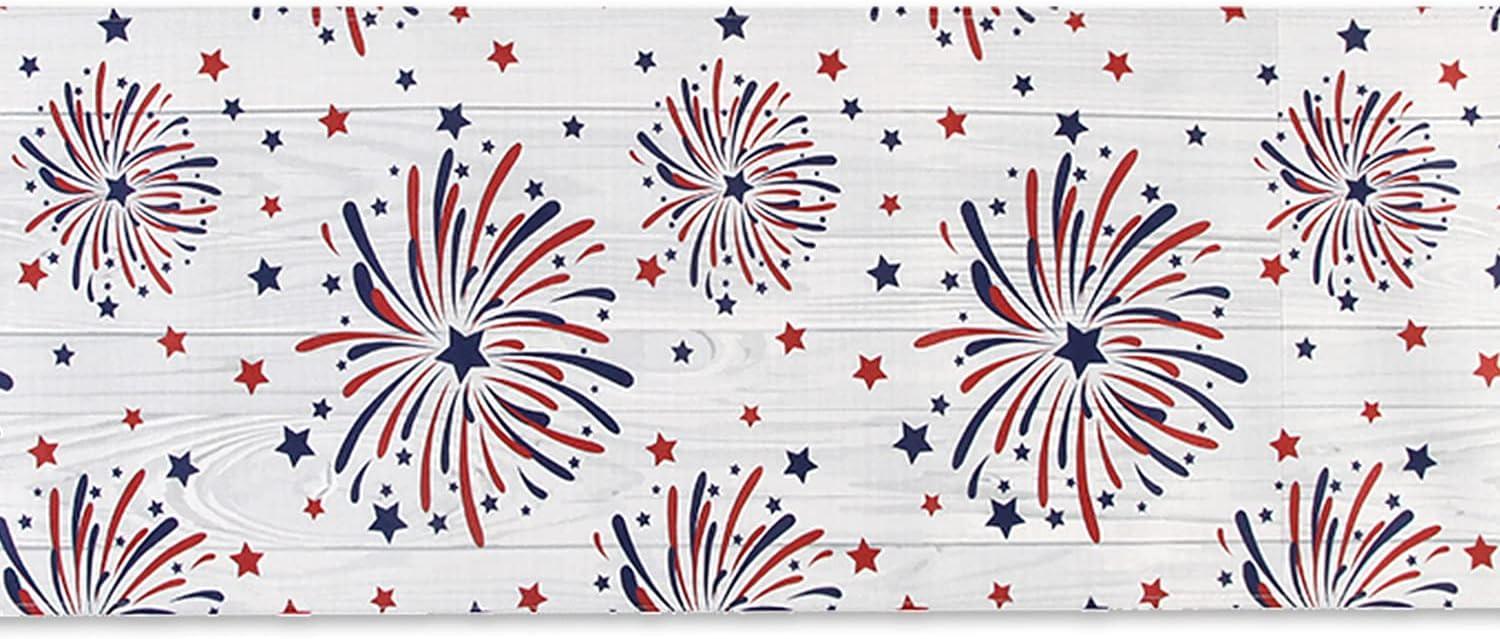 The Holiday Aisle® Fireworks Table Runner 4Th Of July Patriotic Memorial Day Independence Day Holiday Kitchen Dining Table Decoration,Holiday Burlap Table Cover, 13 X 70 Inch, Americana Stars, Red, White, Blue.