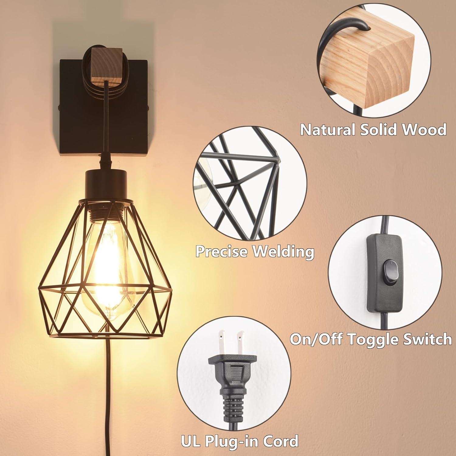 Plug in Wall Sconces Set of 2 with 6 FT On/Off Switch Cord, Wall Light Fixtures Black Industrial Farmhouse Indoor Wall Latern For Bedroom Living Room