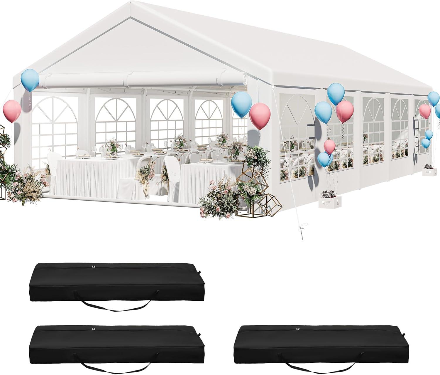 Dextrus 16x32FT Party Tent Heavy Duty PVC Wedding Event Shelters White Upgraded Galvanized Ripple Canopy with Large Roof Removable Sidewalls & 3 Storage Bags 600D Oxford Commercial