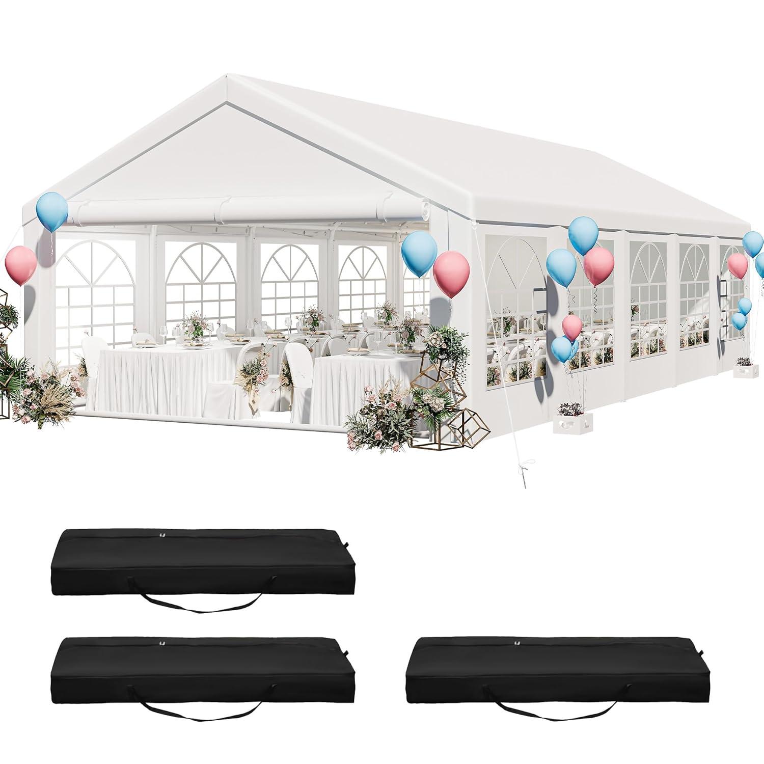 Dextrus 16x32FT Party Tent Heavy Duty PVC Wedding Event Shelters White Upgraded Galvanized Ripple Canopy with Large Roof Removable Sidewalls & 3 Storage Bags 600D Oxford Commercial