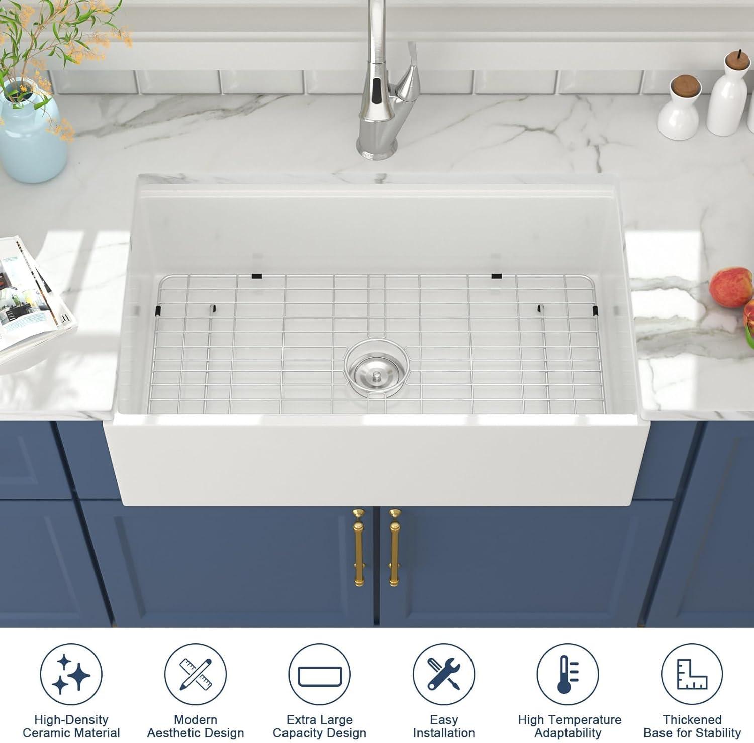 33"L x 20"W Farmhouse Kitchen Sink Deep Single Bowl Fireclay Workstation Sink with Cutting Board and Dish Drying Rack