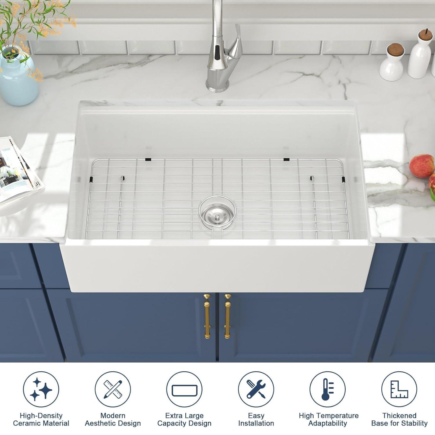33"L x 20"W Farmhouse Kitchen Sink Deep Single Bowl Fireclay Workstation Sink with Cutting Board and Dish Drying Rack