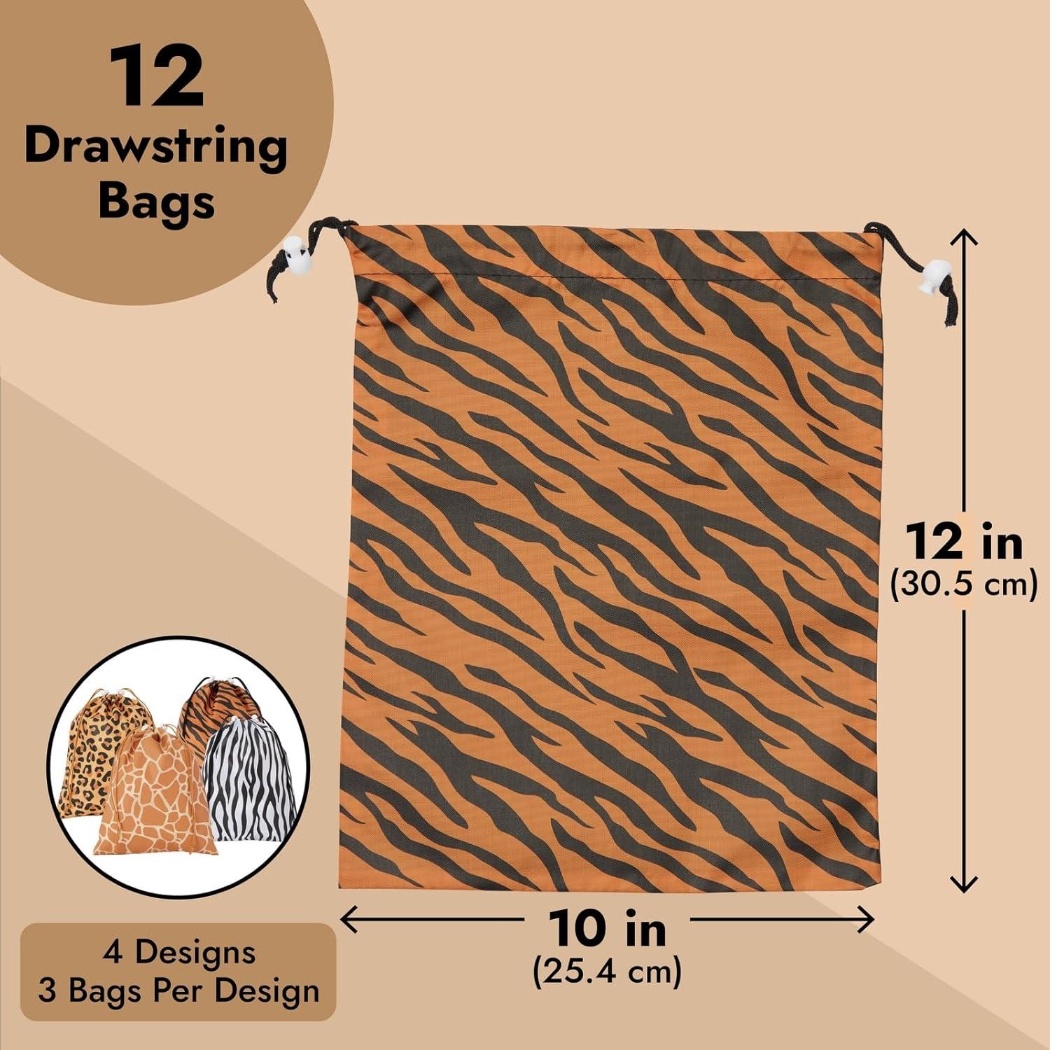 12 Pack Animal Print Fabric Drawstring Gift Bags for Jungle Safari Party