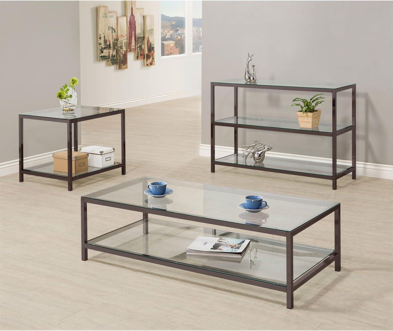 Rectangular Silver Metal and Glass Coffee Table with Shelf