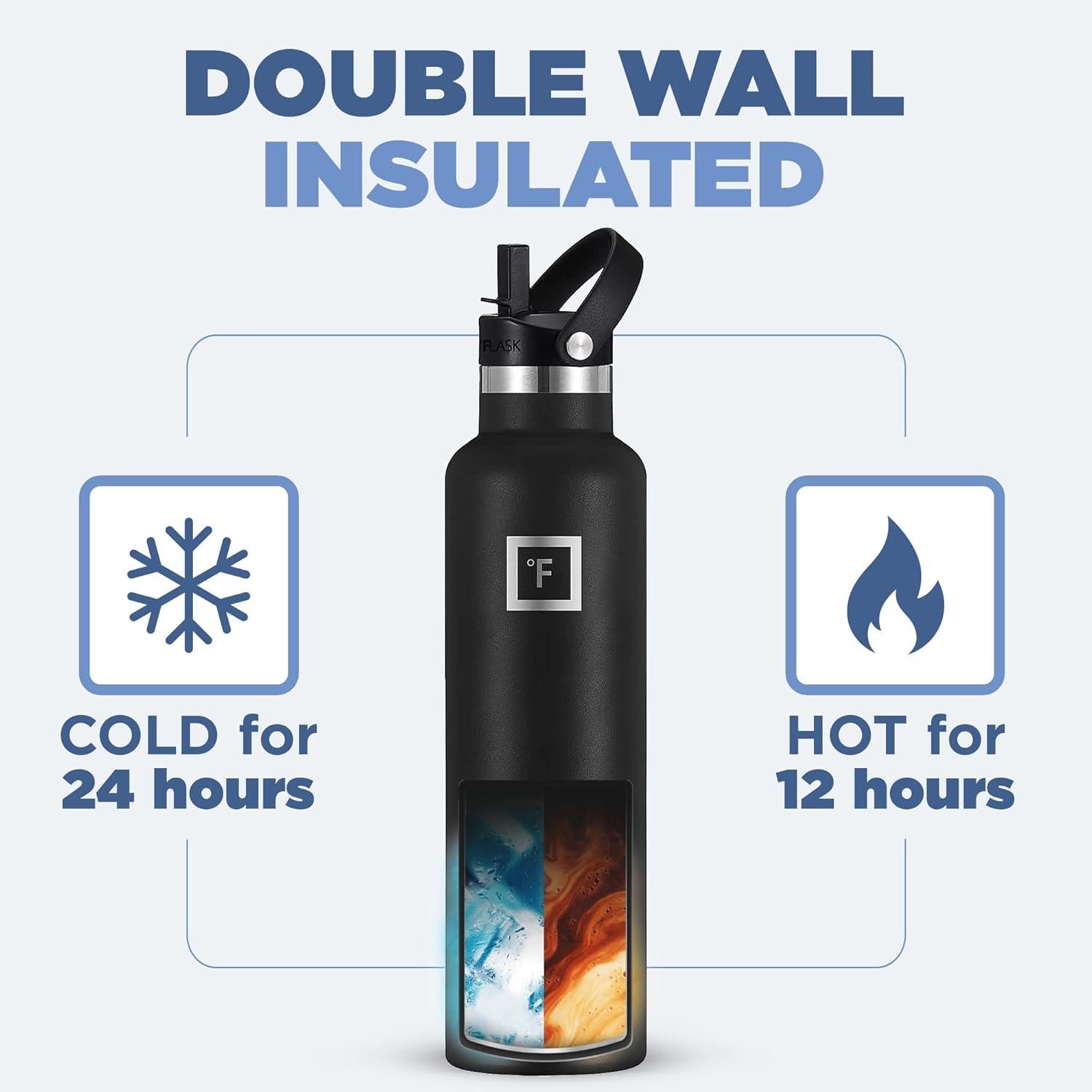 IRON °FLASK Camping & Hiking Hydration Canteens - 3 Lids (Narrow Straw Lid) Leak Proof Vacuum Insulated Stainless Steel - Hot & Cold Double Walled Sports Water Bottle - Winter White, 24 Oz
