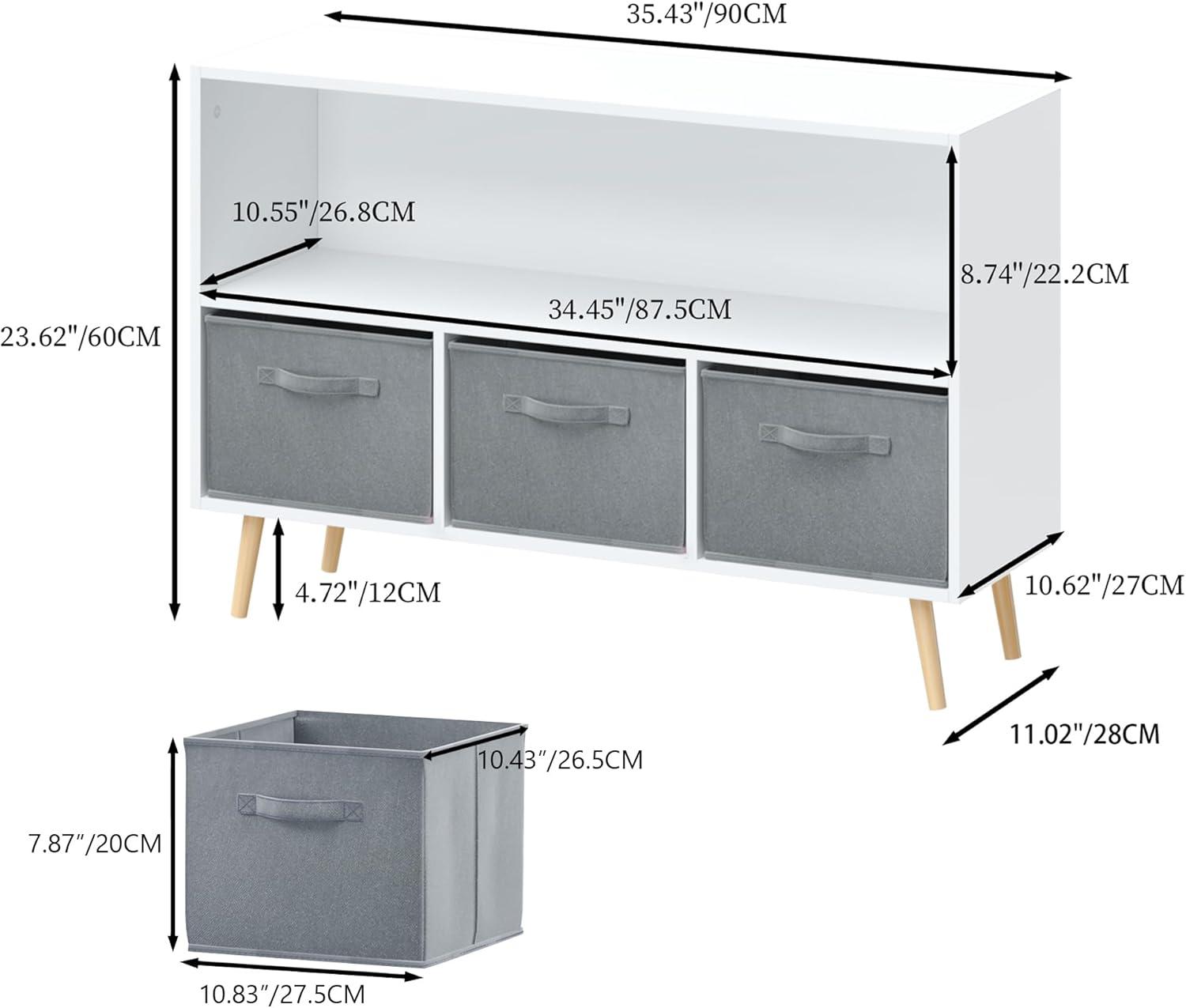 Gray and White Kids Bookcase with Collapsible Fabric Drawers