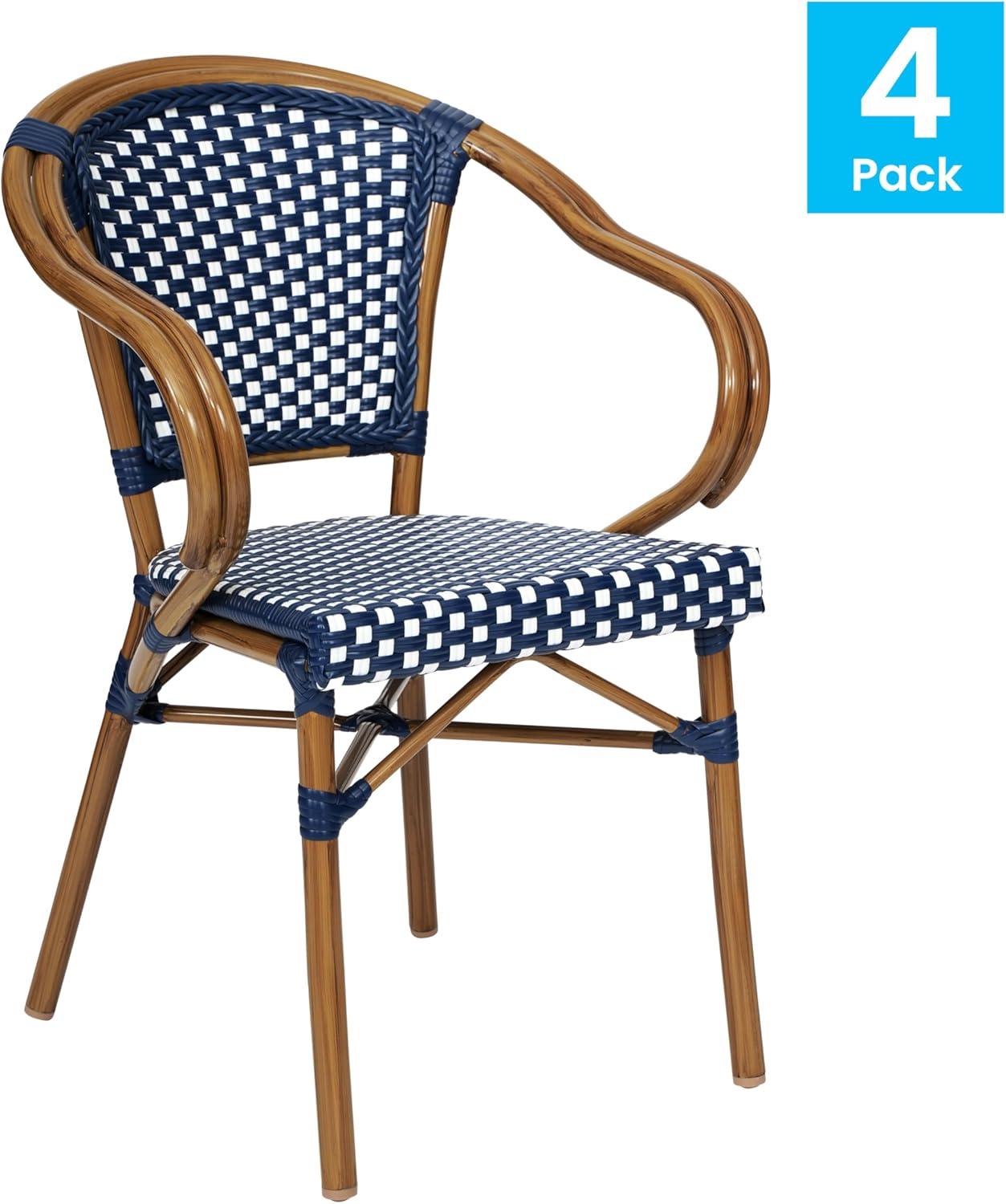 Flash Furniture 4 PK Bordeaux Indoor/Outdoor Commercial Bistro Stacking Chair w/ Arms, Navy & White PE Rattan & Bamboo Print Aluminum Frame in Natural
